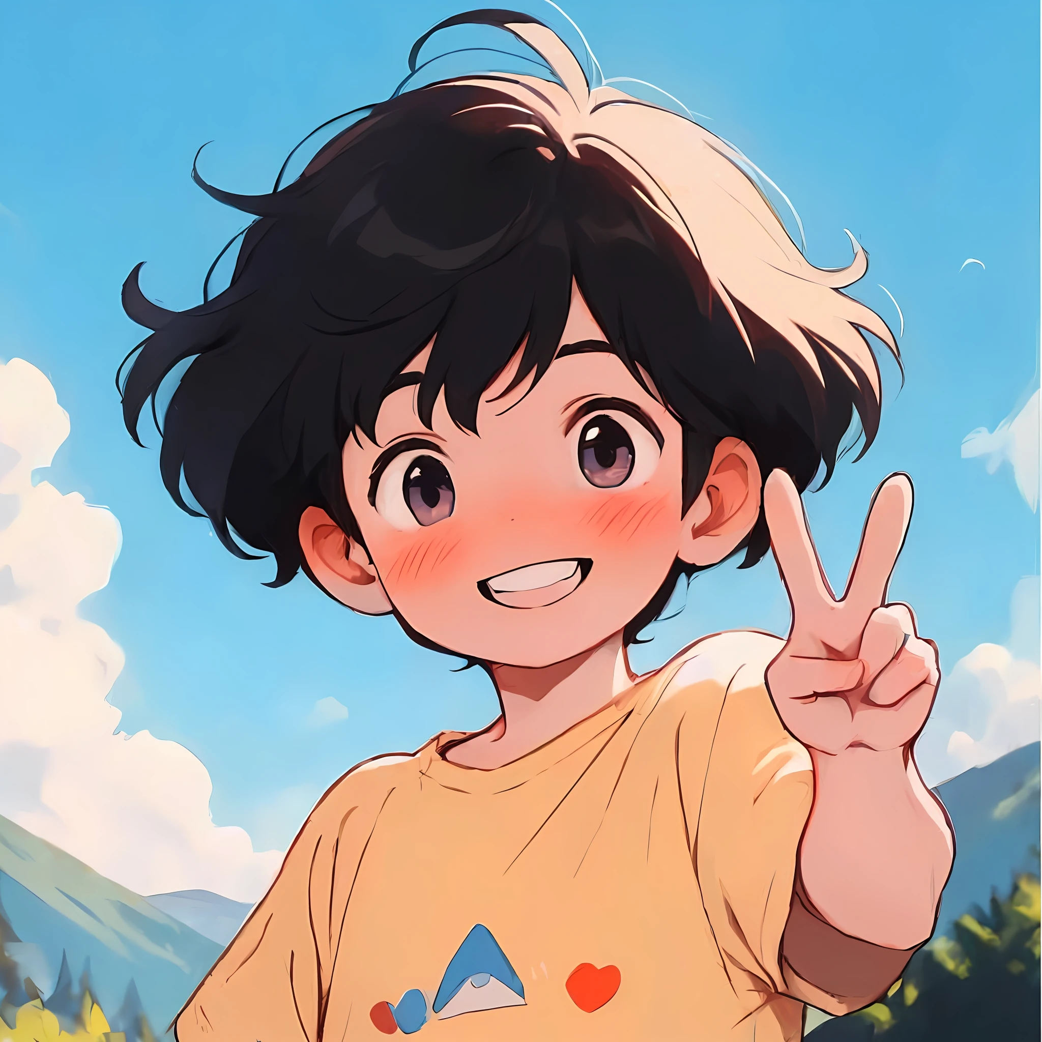 Anime boy has peace sign in front of the mountain, Anime boy, High Quality Anime Art Style, anime art style, anime style character, in an anime style, In anime style, Flat anime style, anime figure, Digital anime illustration, offcial art, clean and meticulous anime style, anime moe art style, Anime style portrait, Anime style illustration，The color of the clothes was changed to light blue，Add details in moderation