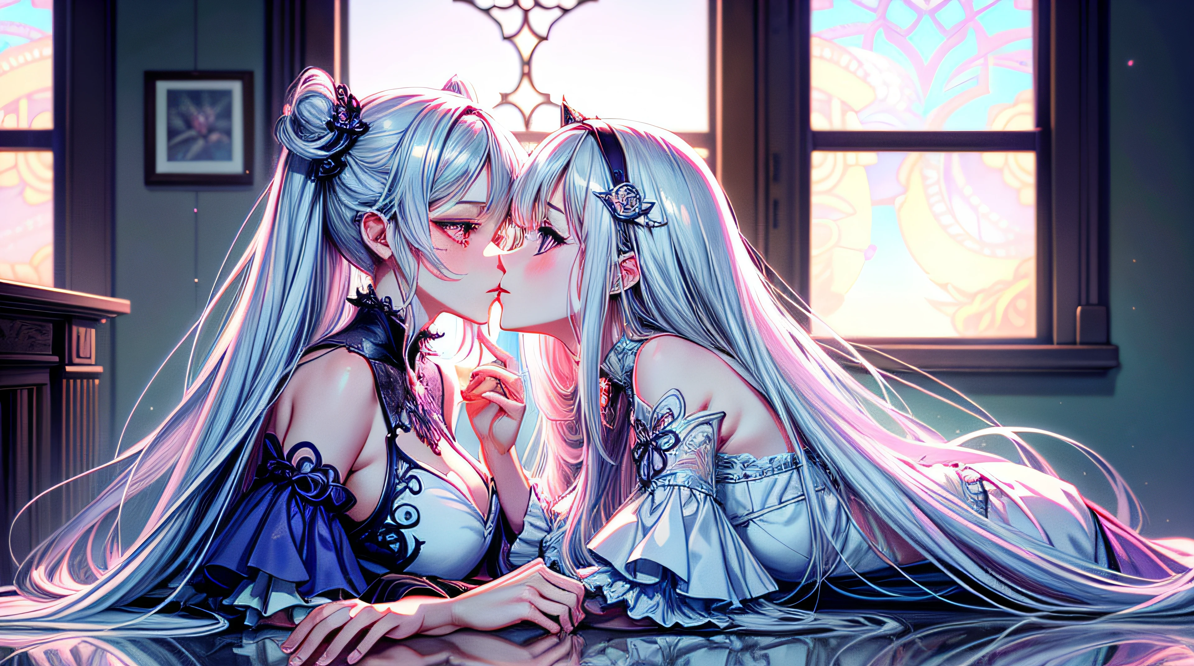 anime - style image of two women in a room with a window, kissing together cutely, kissing together, kissing each other, lovely kiss, fine details. two beautiful anime girls, white hair, purple eyes, glowing eyes, cute, kawaii, digital art, finely detailed eyes, embarrassed expression, long_hair, blushing, (highly detailed 8k wallpaper), best resolution, very_long_hair, masterpiece, best quality ,masterpiece, illustration, an extremely delicate and beautiful, extremely detailed ,CG ,unity ,8k wallpaper, Amazing, finely detail,huge filesize, ultra-detailed, highres, extremely detailed,beautiful detailed girl, extremely detailed eyes and face, beautiful detailed eyes,