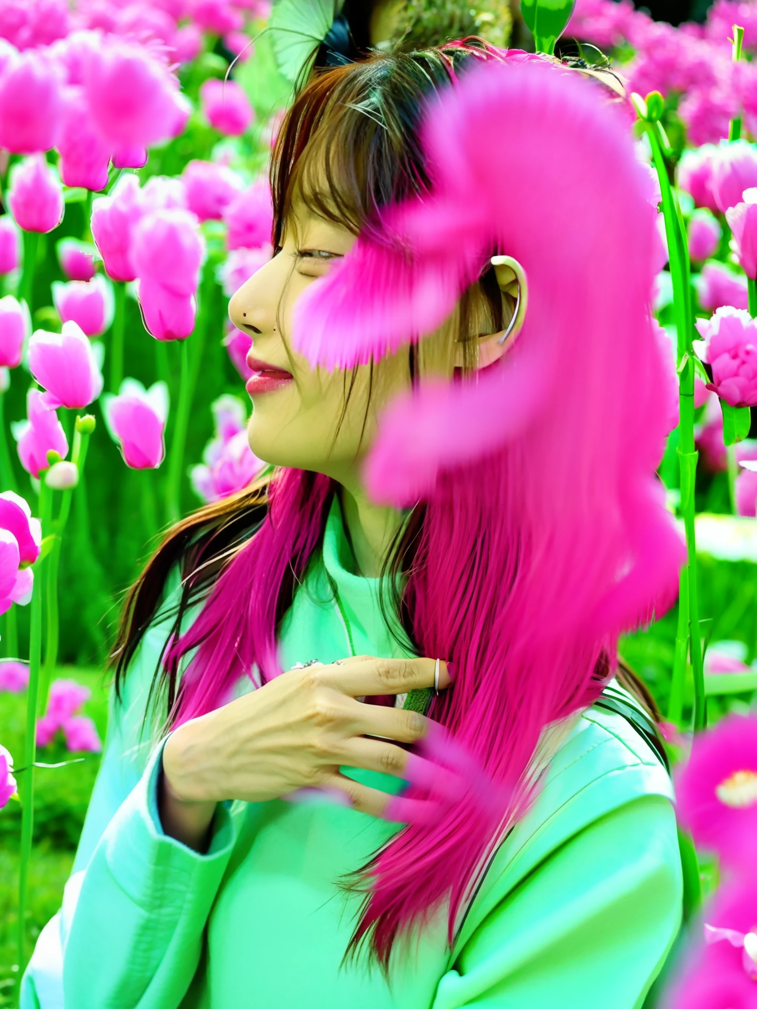 Long-haired Araved woman standing in a pink flower field, cover photo portrait of du juan, woman standing in flower field, A young Asian woman, Girl in a flower field, standing in flower field, girl standing in flower field, xintong chen, standing in flower field, girl sitting in a flower field, beautiful Korean women