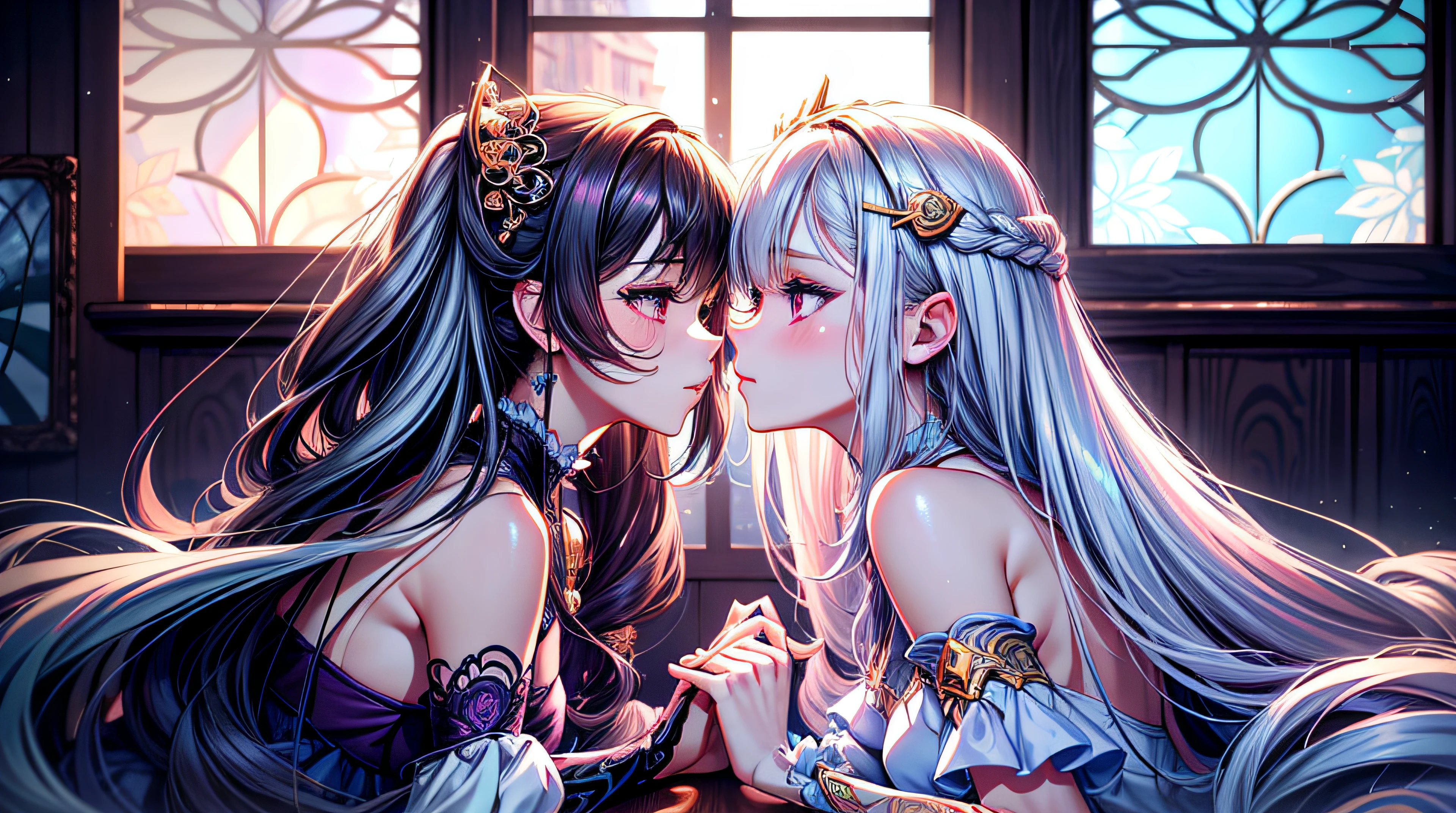 anime - style image of two women in a room with a window, kissing together cutely, kissing together, kissing each other, lovely kiss, fine details. two beautiful anime girls, white hair, purple eyes, glowing eyes, cute, kawaii, digital art, finely detailed eyes, embarrassed expression, long_hair, blushing, (highly detailed 8k wallpaper), best resolution, very_long_hair, masterpiece, best quality ,masterpiece, illustration, an extremely delicate and beautiful, extremely detailed ,CG ,unity ,8k wallpaper, Amazing, finely detail,huge filesize, ultra-detailed, highres, extremely detailed,beautiful detailed girl, extremely detailed eyes and face, beautiful detailed eyes,