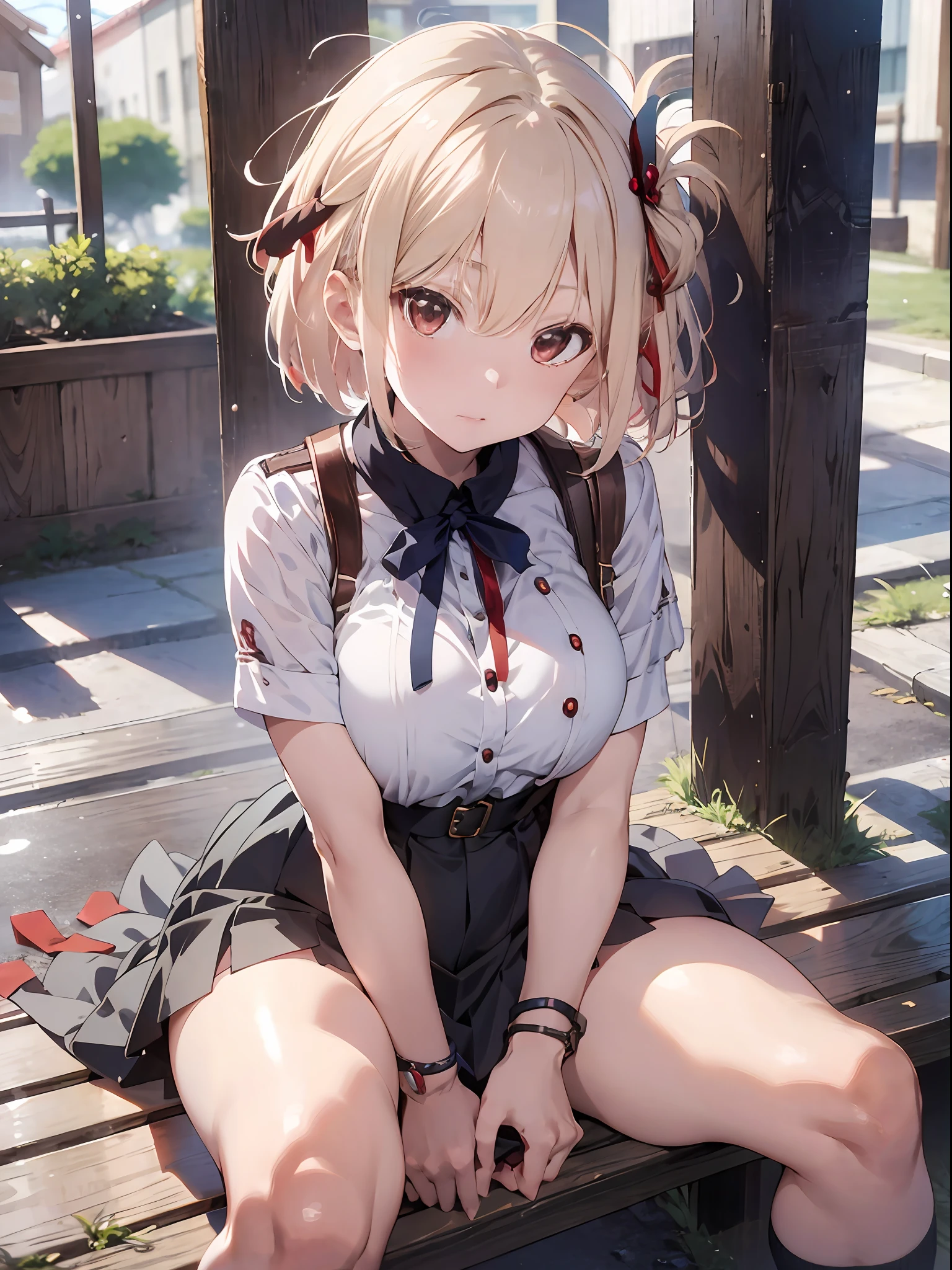 platinum-blonde,Medium Hair,Red-eyed,Senzoku Nishikiki,Anime girl sitting on licorice recoil bench and taking pictures, Beautiful anime girl, Cute anime girl, Anime visuals of cute girls, (Anime Girl), Anime Girl,Anime art wallpaper 8k