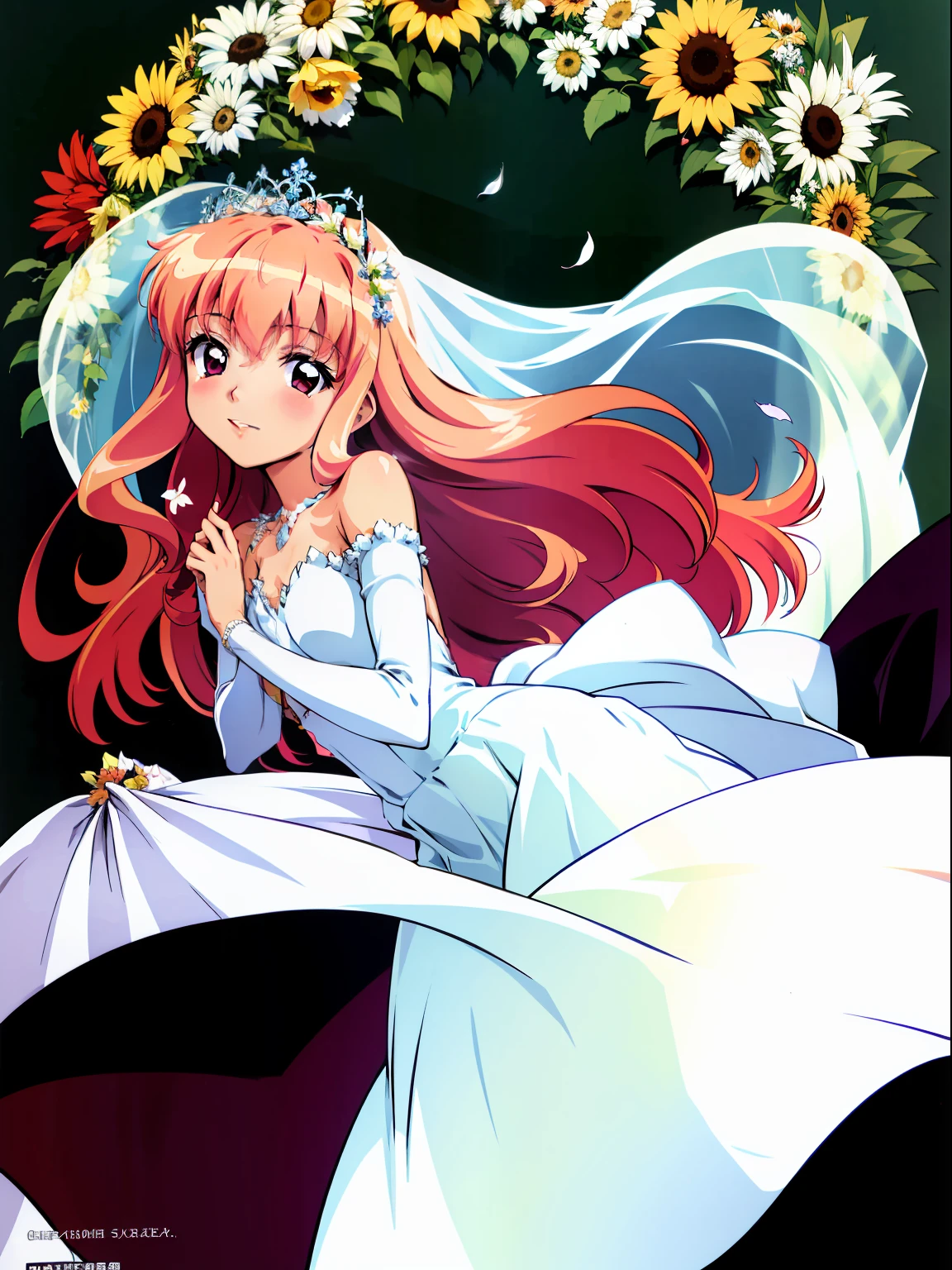 The girl wore a light and flowing white dress, It's like dancing in the wind. She wears a garland on her head, Decorated with flowers of various colors，The petals swayed gently with each of her breaths. In her hands, she holds a bouquet, A sea of colors including red roses, yellow sunflowers, Purple lavender, and more. The flowers in the bouquet float gently in the air, Breeze in the wind, And fill the surroundings with a fresh and fragrant fragrance. The girl's face was full of smiles, Her eyes were bright and clear, It's as if gazing at the beautiful world around you. The scene is full of youth, Beautiful, and pure energy, Create feelings of comfort and happiness.