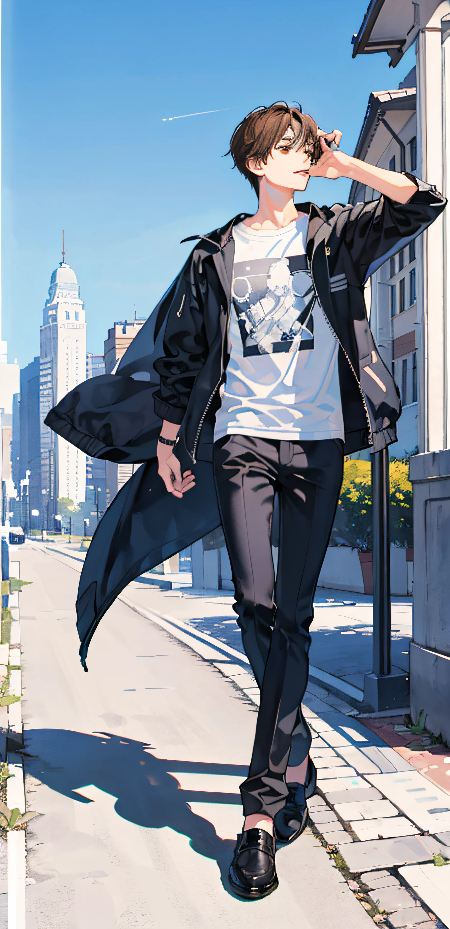 masutepiece, Best Quality, ultra-detailliert, realistic illustration, Good looking boy in black jacket and white t-shirt, He's looking up at the sky, white screen background, simple touch, whole body, slender, ((Full Body Portrait)), brown hair, brown eyes, black shoes