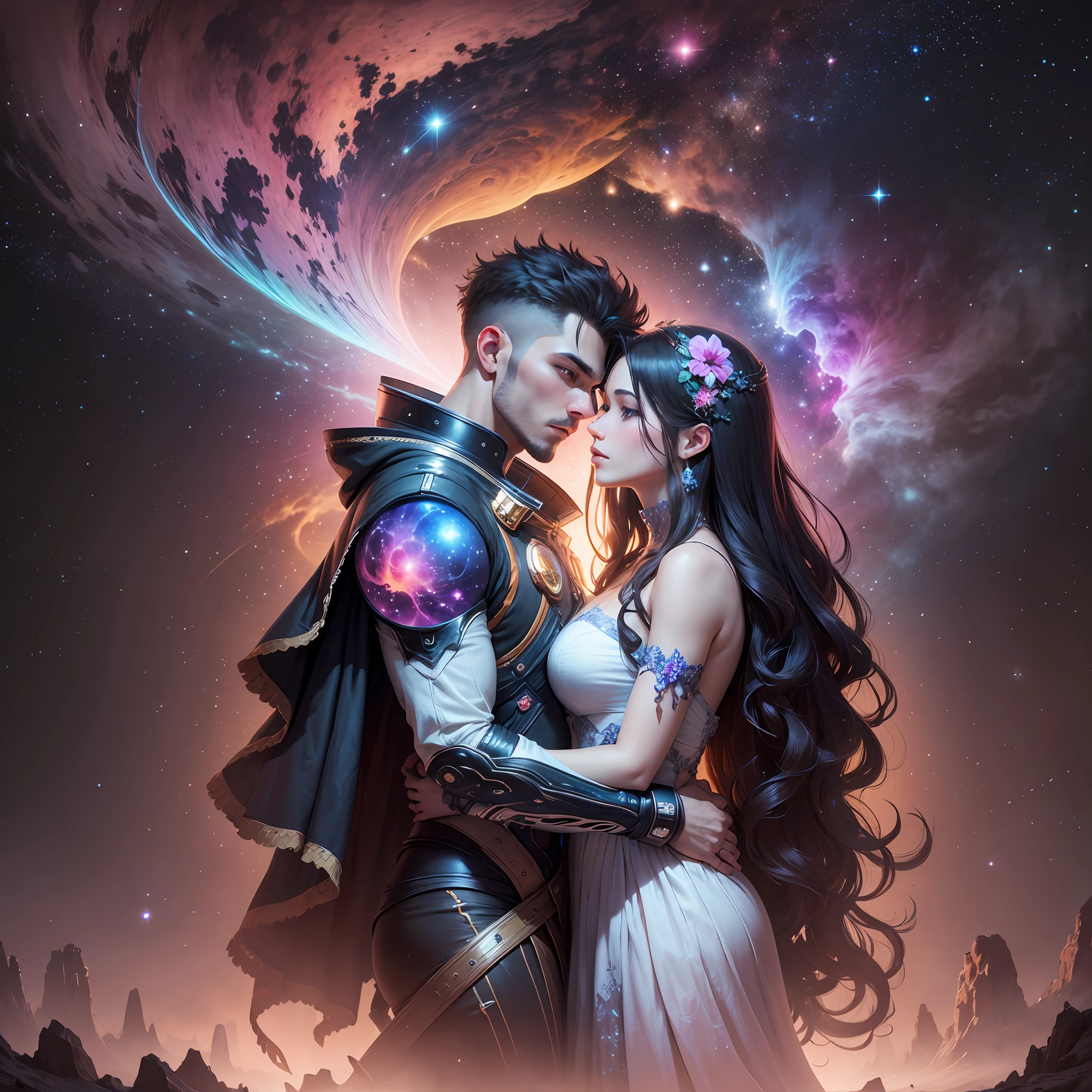 create an image of a handsome man hugging a gorgeous woman  in the space, background of psychedelic patterns of space and nebulae, there is magical flowers around them, extraterrestrial, sophisticated and bewildered lights, stars and nebulae, perplexed patterns of colours, highly detailed, UHD, unreal engine, chiaroscuro, holographic, 8k , detailed fingers --auto
