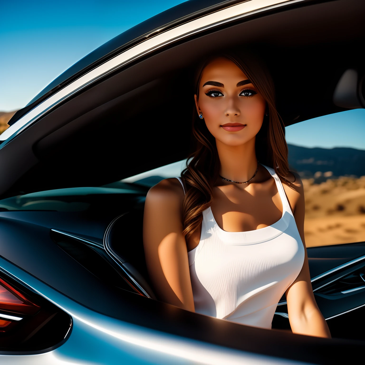 "Stunning 18-year-old brunette driving a sleek BMW car."