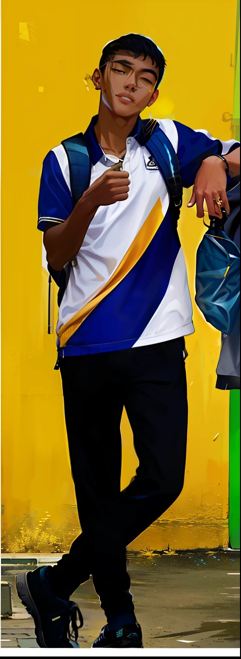 there is a man walking down the street with a backpack, white + blue + gold + black, in blue and yellow clothes, blue gold and black, blue and white and gold, blue and yellow, wearing polo shirt, blue and gold, candid photo, photo of a model, candid picture, wearing adidas clothing, black and yellow tracksuit, wearing a volleyball jersey