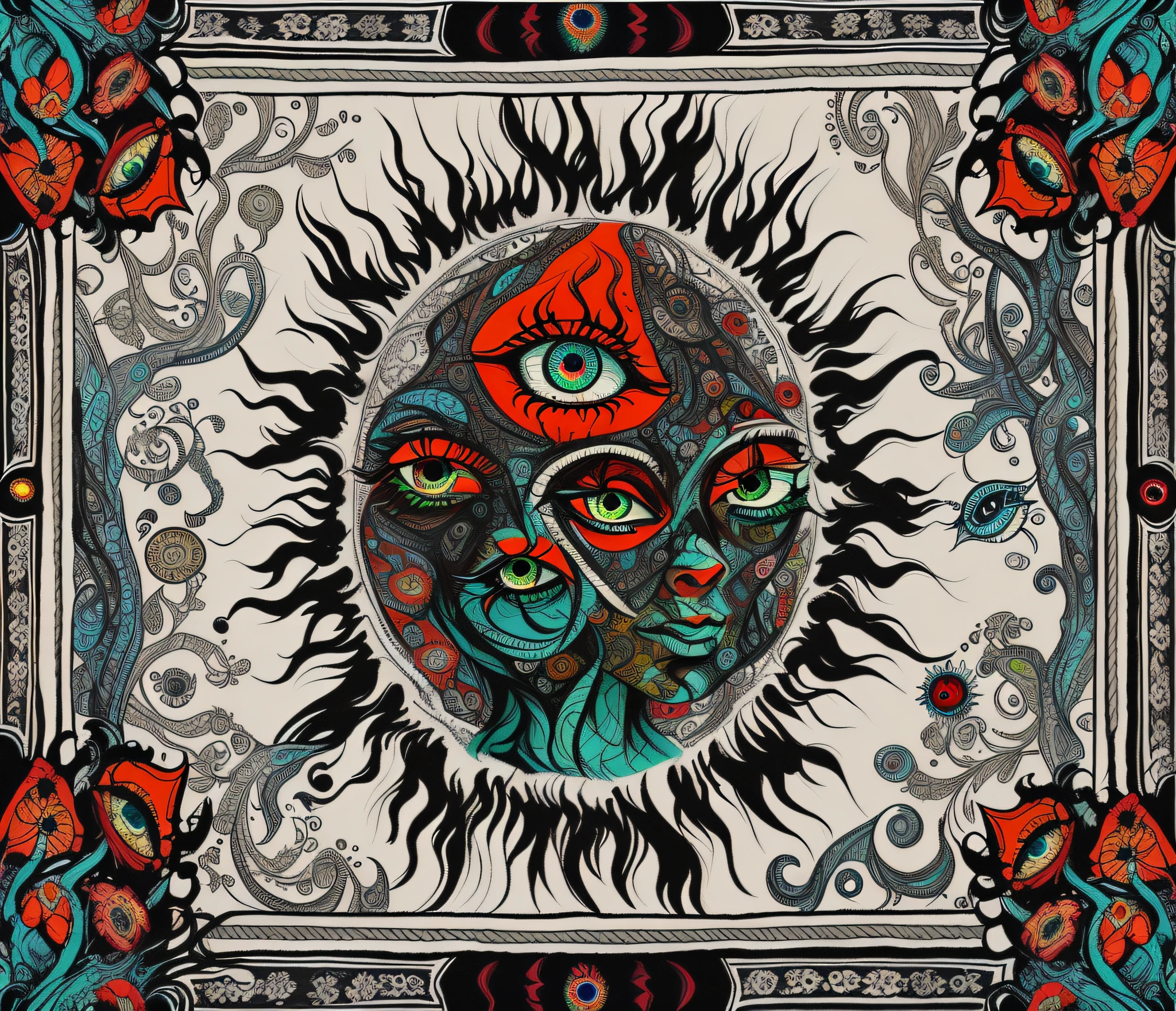 a close up of a painting of a sun with a flower, 3rd eye, shamanic horror lsd art, shamanic poster lsd art, psychedelic cosmic horror, all - seeing eye, all seeing eye, one eye red, burning eyes, ( all seeing eye ), psychedelic illustration, third eye, tapestries of dreams, mystic eye, psychedelic trip