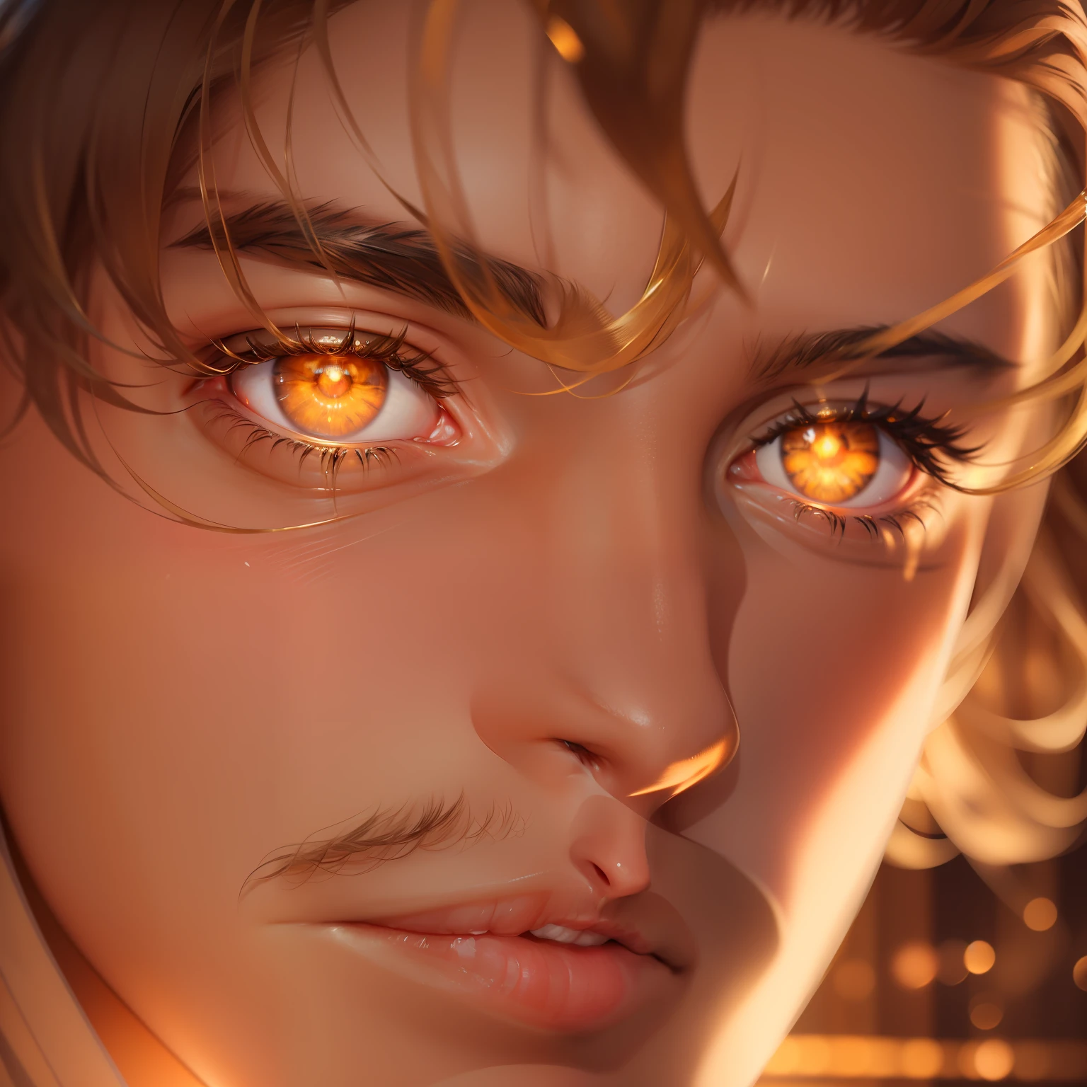 close-up of a handsome guy, intense amber eyes, translucent, with a serene look, kind and sexy, very handsome, amber eyes, golden, translucent, clear lighting, clear8k