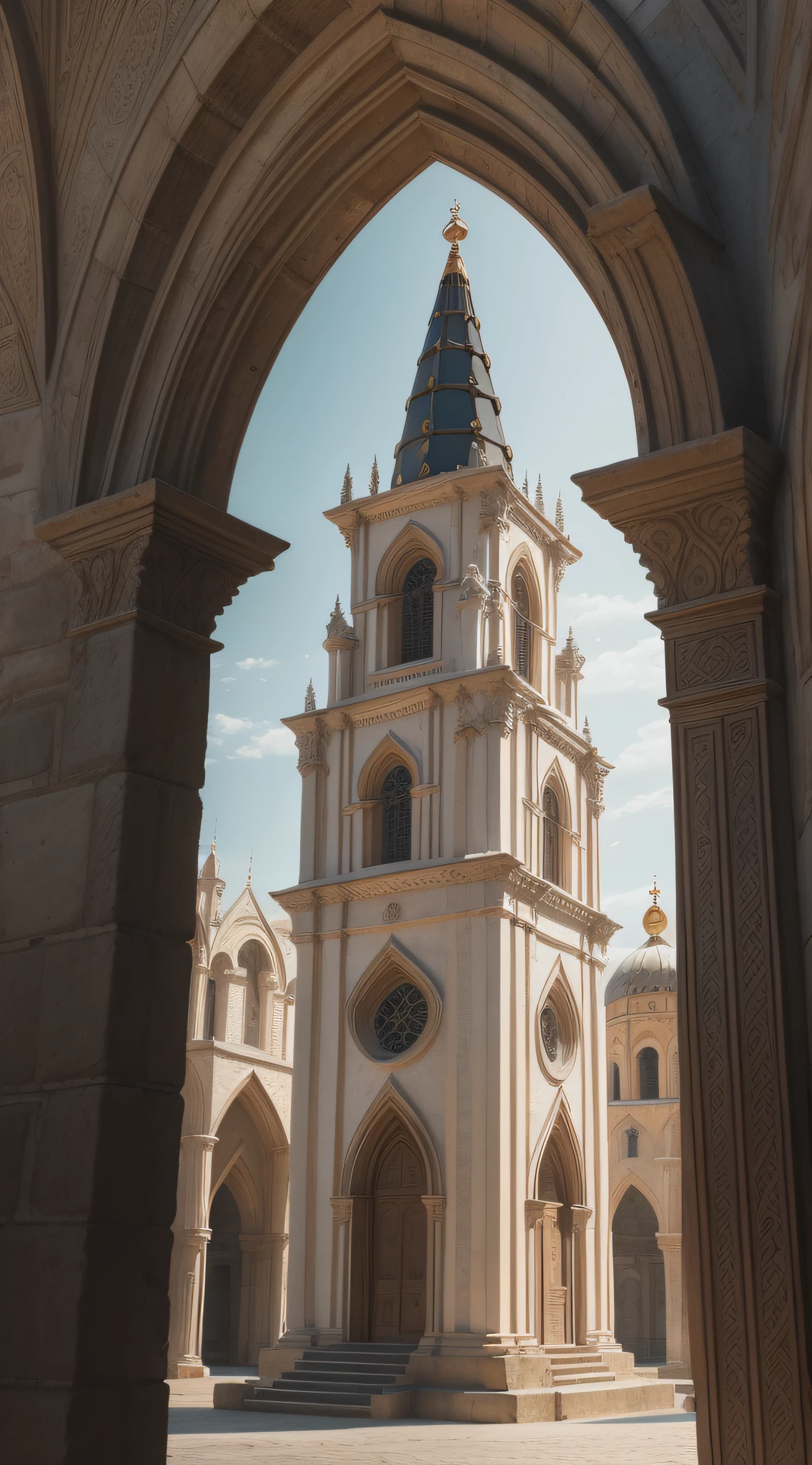Cinematic, photo, a medium shot of a beautiful elven byzantine gothic tower in a medieval city designed by Leonardo da Vinci, grey granite, slender, dome, filigree, elegant elaborate complex architecture, medieval architecture, medieval design, photographed with Canon EOS 5D Mark IV, monument, sense of wonder, extremely detailed, realistic textures, artistic