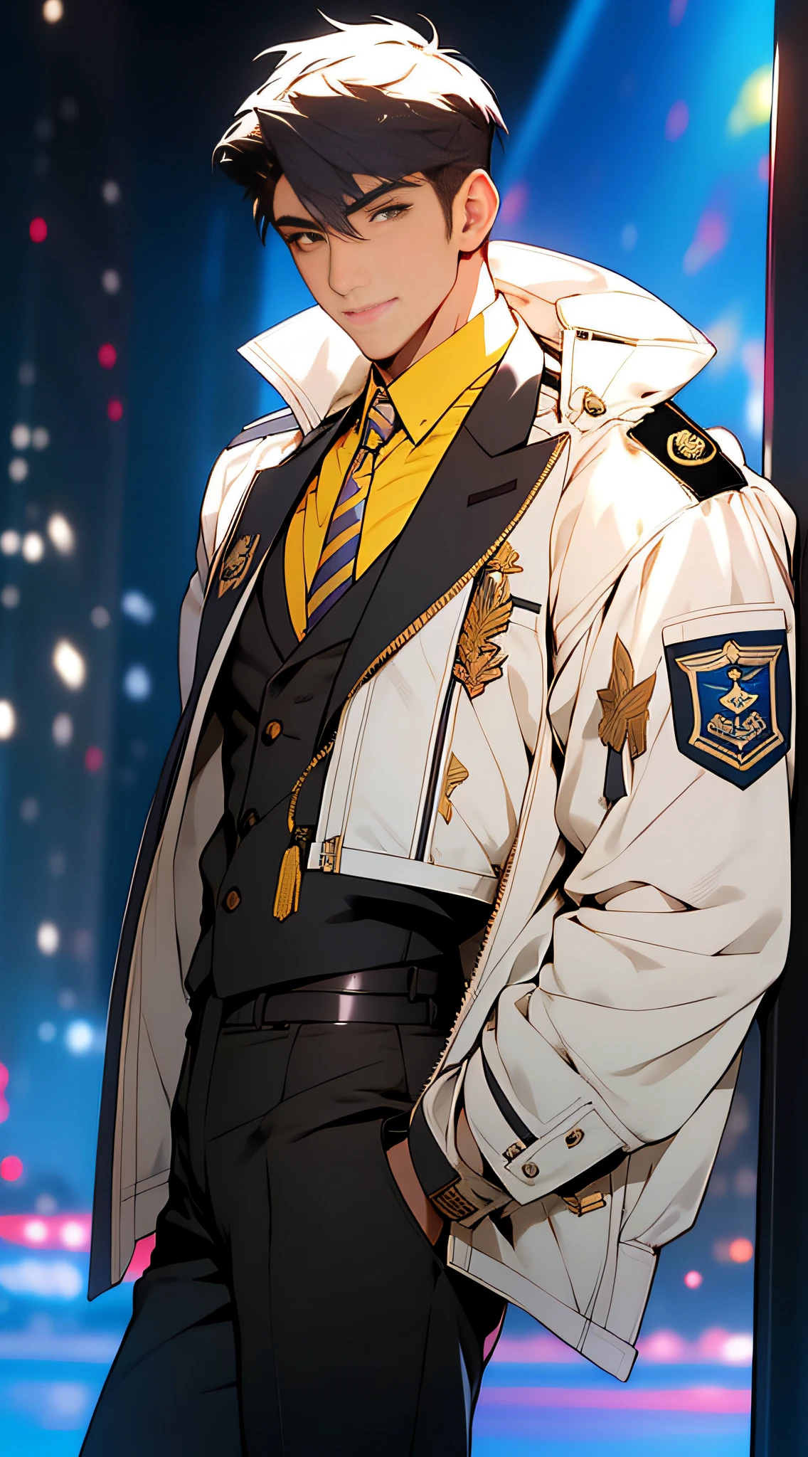 （（tmasterpiece， Need，Business negotiation aesthetics）），1 male solo， Close-up Shot Shot， （Determined eyes），（army suit），（White pilot captain jacket：1.3）（Detailed US Air Force pilot uniforms：1.5）（cabelos preto e longos），（formal outfit），Mature men，(Clear facial features，detailed skin textures，Handsome face），white backgrounid， Yellow skin， standing on your feet，（tmasterpiece，top Quority，best qualtiy），（（（flatcolors））），Strong，