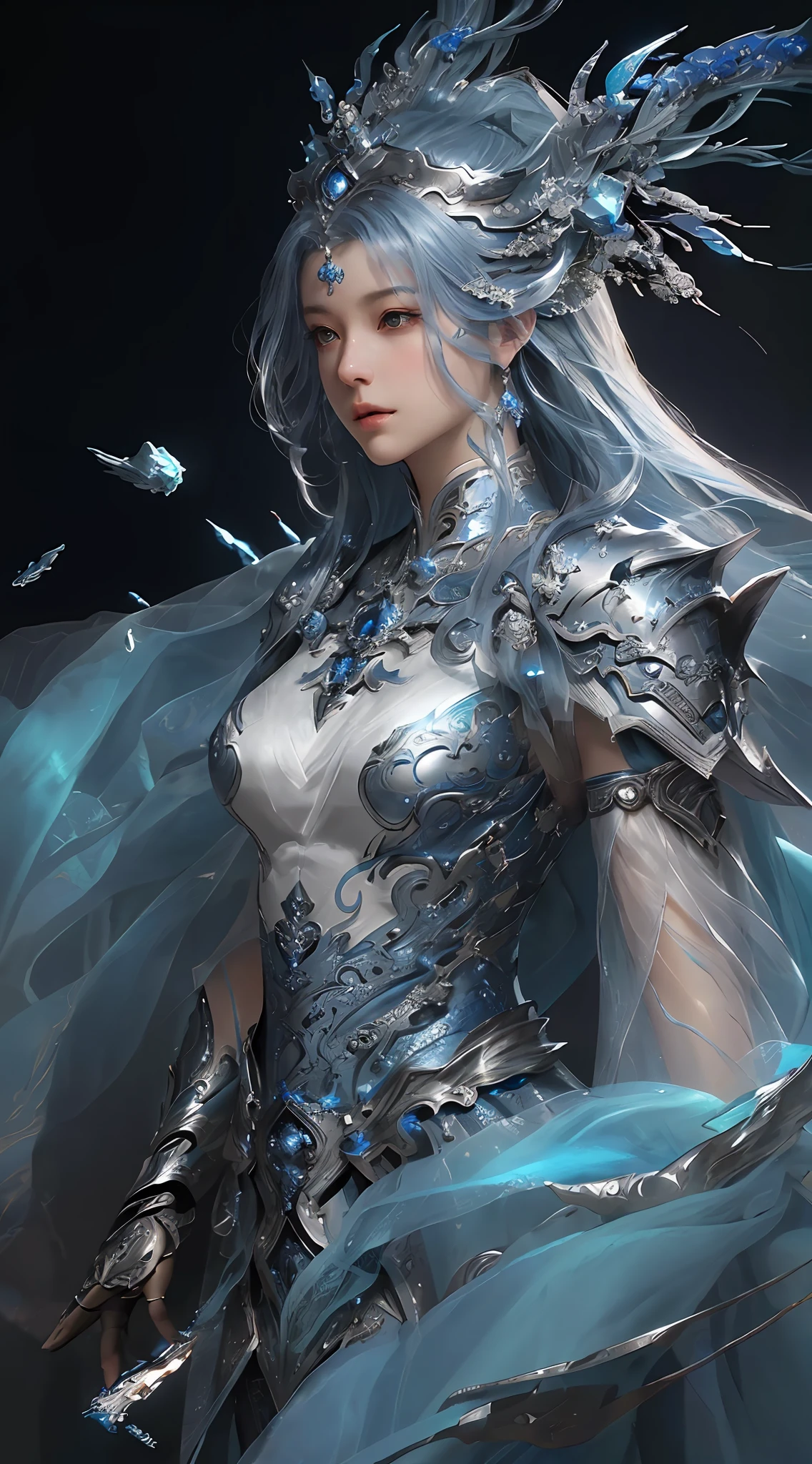 a close up of a woman in a silver and blue dress, chengwei pan on artstation, by Yang J, detailed fantasy art, stunning character art, fanart best artstation, epic exquisite character art, beautiful armor, extremely detailed artgerm, detailed digital anime art, artgerm on artstation pixiv, armor girl