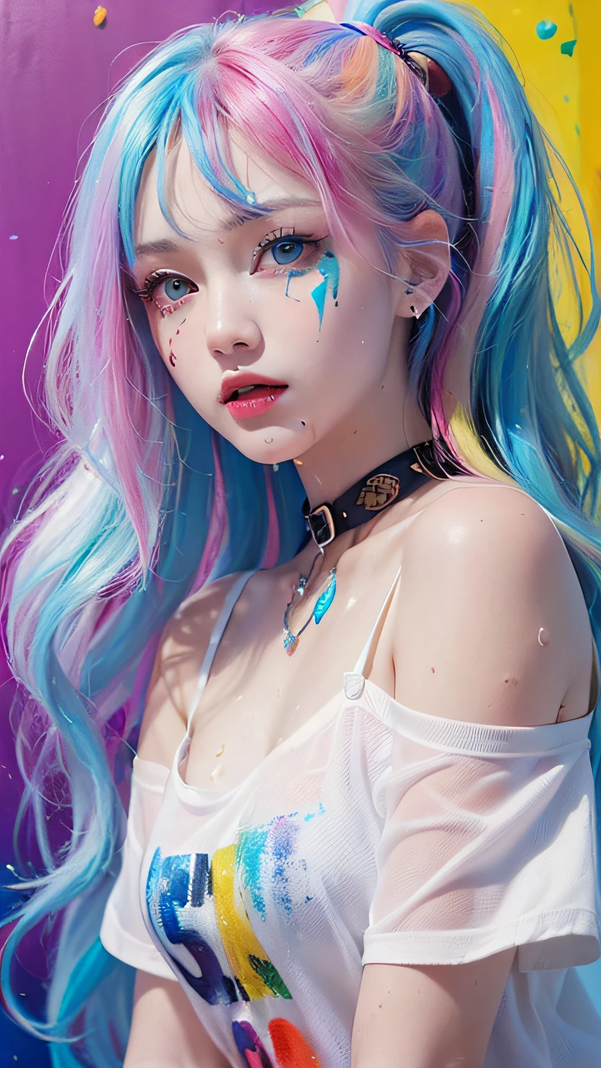 （Pink Fashion T-shirt：1.9），(Colorful hair: 1.8), (all the colours of the rainbow: 1.8),(((((vertical painting：1.6))), （painting：1.6），front, comics, illustrations, paintings, large eyes, crystal clear eyes,（ rainbow color gradient high ponytail：1.7）, exquisite makeup, closed mouth,(Small Fresh: 1.5),(Wipe Chest: 1.6) ，long eyelashes, white off shoulder T-shirt,  White Shoulder Shirt，looking at the audience, large watery eyes, (rainbow colored hair：1.6), color splash, （solo：1.8）, color splash, color explosion, thick paint style, messy lines, ((shining))，(colorful), (colorful), (colorful), colorful, Thick Paint Style, (Splash) (Color Splash), Vertical Painting, Upper Body, Paint Splash, Acrylic Pigment, Gradient, Paint, Highest Image Quality, Highest Quality, Masterpiece, Solo, Depth of Field, Face Paint,  colorful clothes, (Elegant: 1.2), gorgeous,long hair, wind, (Elegant: 1.3), (Petals: 1.4)，(((masterpiece))),(((best quality))),((ultra-detailed)),(illustration),(dynamic angle),((floating)),(paint),((disheveled hair)),(solo),(1girl) , (((detailed anima face))),((beautiful detailed face)),collar,bare shoulders,white hair, ((colorful hair)),((streaked hair)),beautiful detailed eyes,(Gradient color eyes),(((colorful eyes))),(((colorful background))),(((high saturation))),(((surrounded by colorful splashes))),