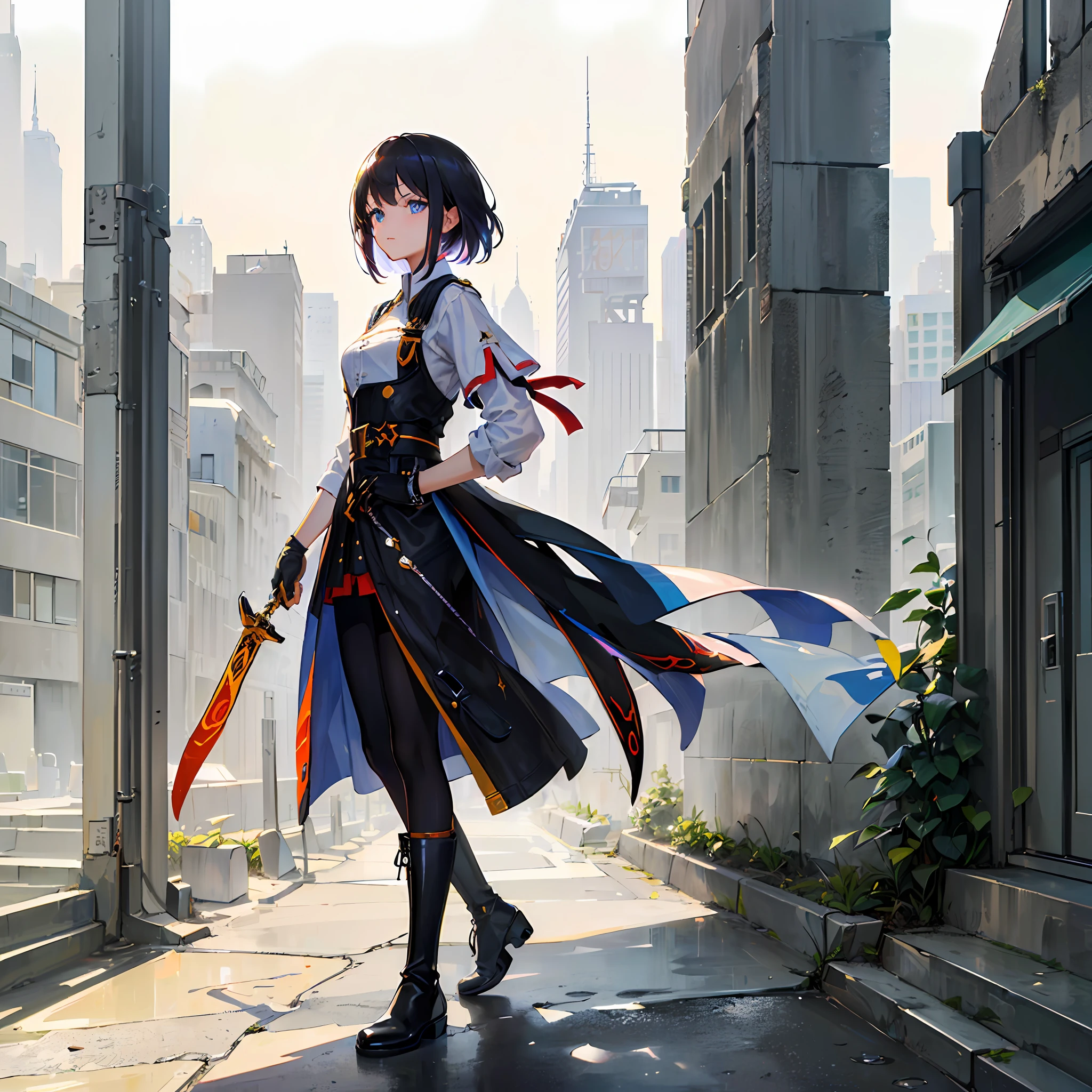 (Masterpiece,Best quality,Ultra-detailed:1.6),illustration,
(Solo,1girll,Beautiful detailed eyes:1.2),
City,street,Short and medium black hair，saber，leather boots，mitts，magia