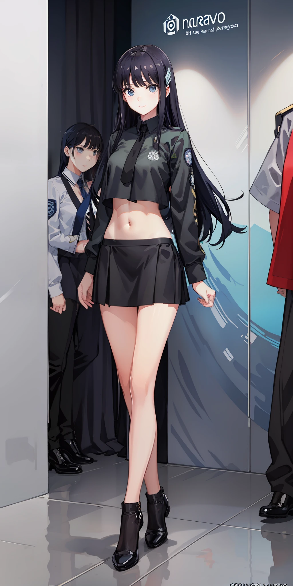 masterpiece, best quality, ultra-detailed, illustration,1girl,
long hair, black hair, 
medium breast, skirt, slim legs, navel, nervous, mall, school uniform