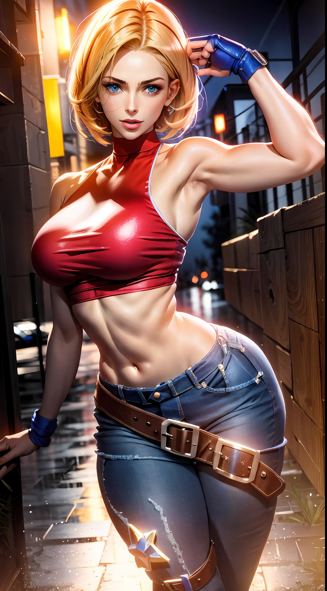 Blue Mary cosplay, melhor qualidade, (beleza), rosto garota 20 anos, rosto bonito, obra-prima, cropped vermelho, blusa vermelha, jeans with brown belt,  Physics-based rendering, ultra highres, cintura estreita, magro, olhos grandes, pernas longas, (seios pequenos), olhos inchados, noite, (cidade chuvosa), pele brilhante , de frente para o espectador, firm expression, realista, mulher, sexy,