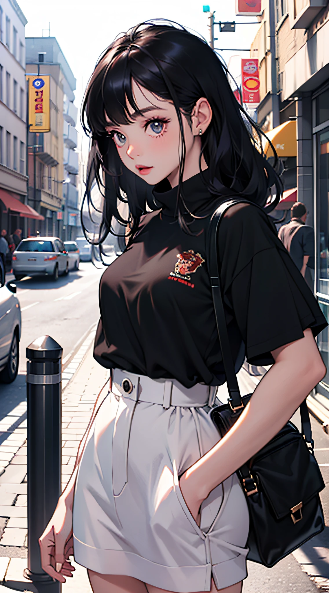 Young woman 25 years old: 1.3, Long black hair: 1.2, Casual wear: 1.2, Daytime: 1.2, On the street: 1.2, Film lighting, Surrealism, UHD, ccurate, Super detail, textured skin, High detail, Best quality, 8k