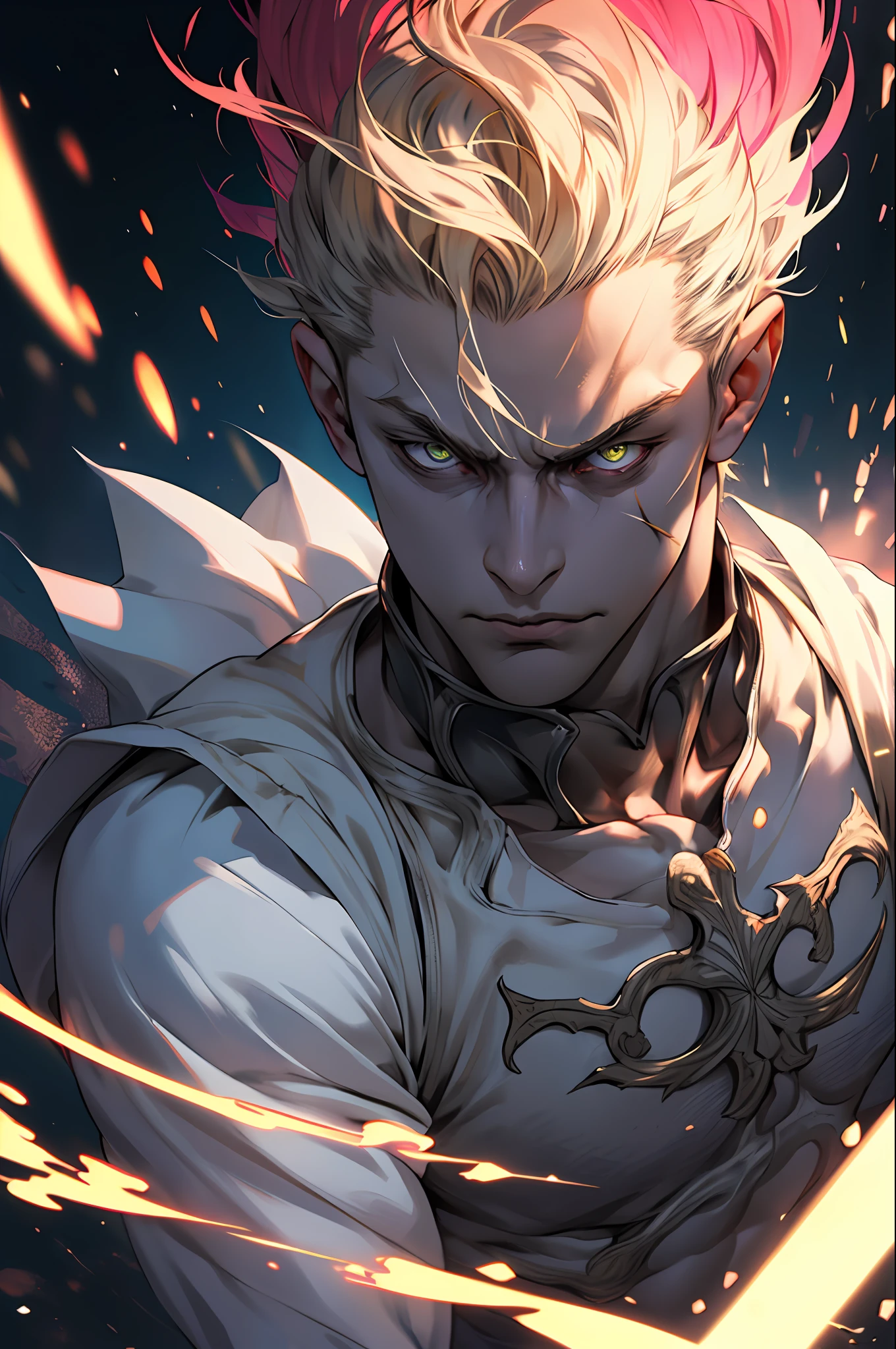 (8K, photo in RAW format, beste-Qualit, tmasterpiece: 1.2), ultradetailed, official arts, photorealestic:1.37, upper body face shot, Kefka Palazzo and Hisoka, film grains, action pose