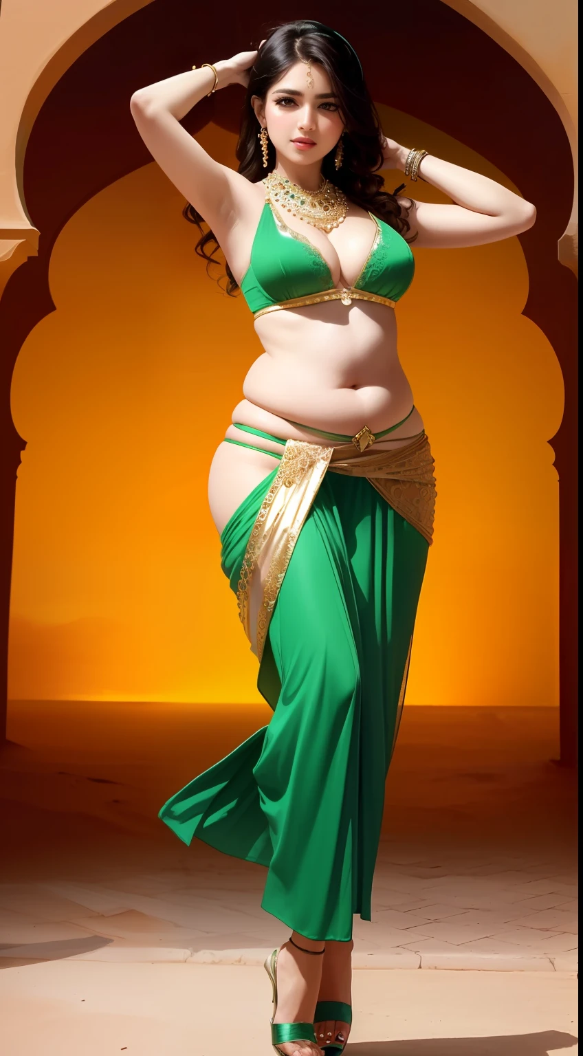 perfect face beautiful (arab:1.5) doctor in lace bra and saree wlop perfect full HDR body exposed midriff highleg loli (flat chest) curvy indian (armpits:1.4) bellydancer 8k chubby high res knees ankles , (plump:1.2) , cleavage (shiny skin:1.2) (full body shot:1.5) (high heels:1.5) lace bra dancing for men thong (sahara:1.4) (green theme:1.3)