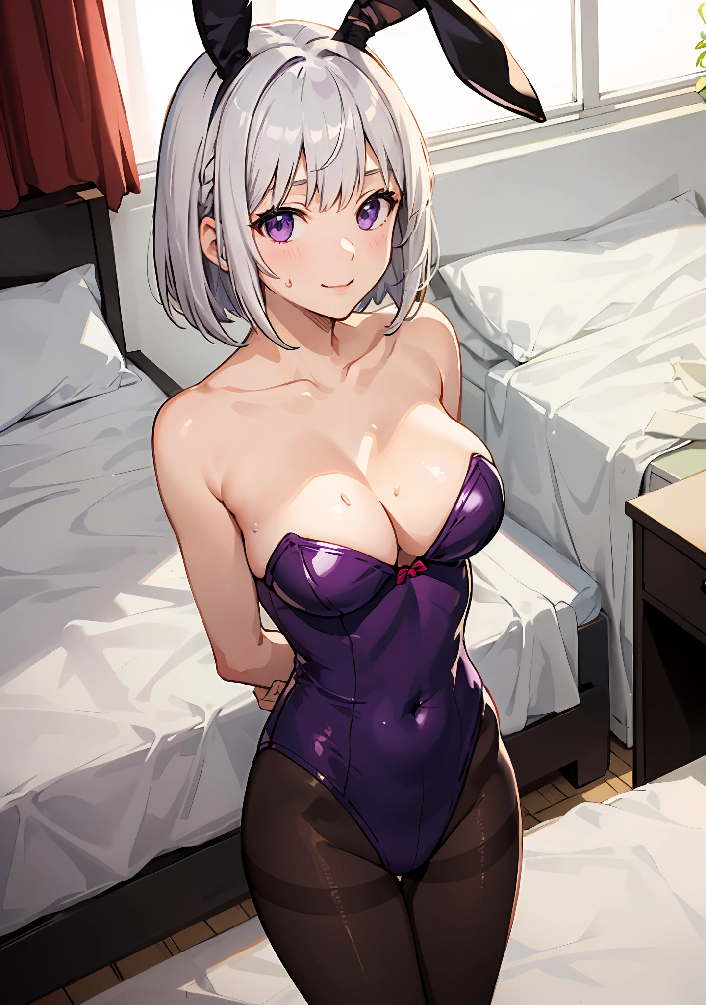 from above,illustration,1girl, purple eyes, silver white hair, bob cut, wavy hair, looking at viewer, light smile, (breast focus), (arms behind back:1.2), average breasts, (breasts out:1.2), midriff, collarbone, bedroom, nighttime, sweat, black Playboy bunny suit, tight, pantyhose, rabbit ears,