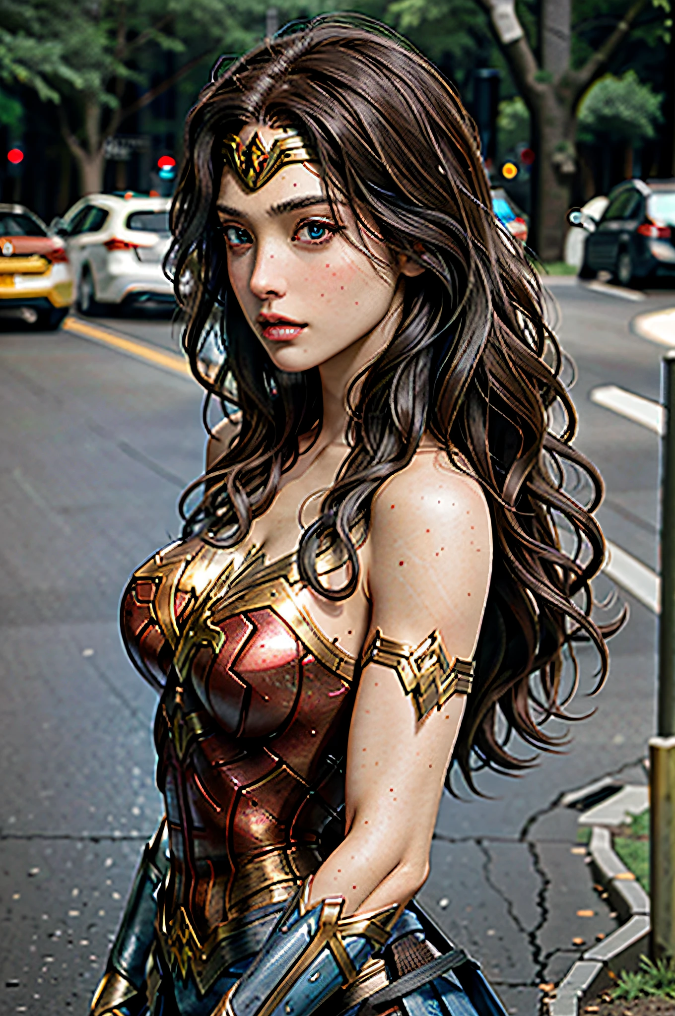 masterpiece, best quality, realistic, photograph, photorealism, hyper-detailed, perfect body, detailed eyes, beautiful girl, wonder woman, cosplay, sexy