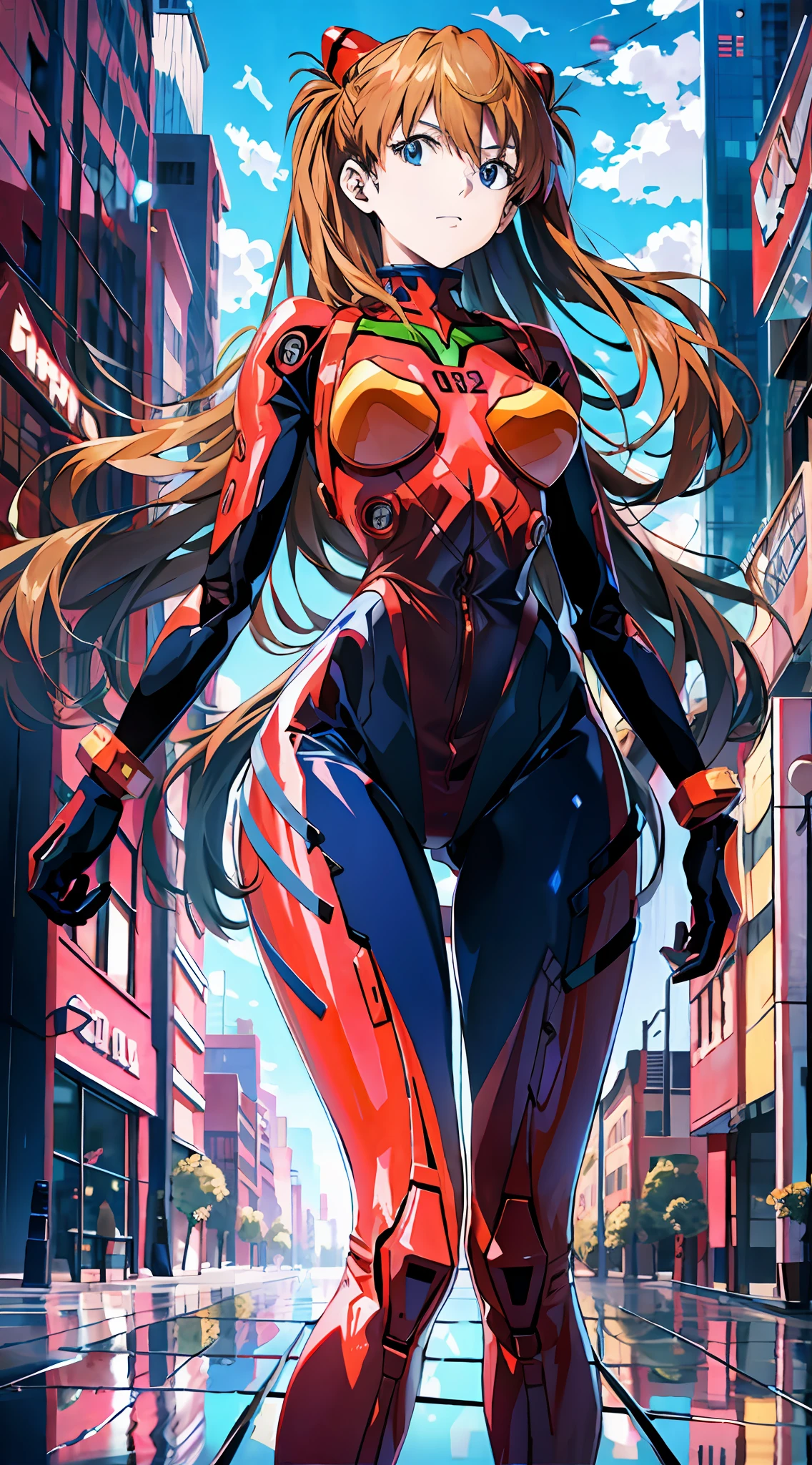 (magazine cover:1.0),ulzzang-6500, (realistic: 1.3) (original: 1.2), masterpiece, best quality, beautiful clean face, fullbody, ((robot girl, mecha)), broken armor, mechanical halo, mechanical arms, white hair, long hair, ceramic body, thigh gap, small breast, cyber background, extreme detailed city, EVA 02,Souryuu Asuka Lanley，明日香，（红色紧身衣， 红色乳胶，红色高跟鞋）(translucent body, reflection skin), 8k, best quality, ultra detailed, (hyperrealistic:1.4),