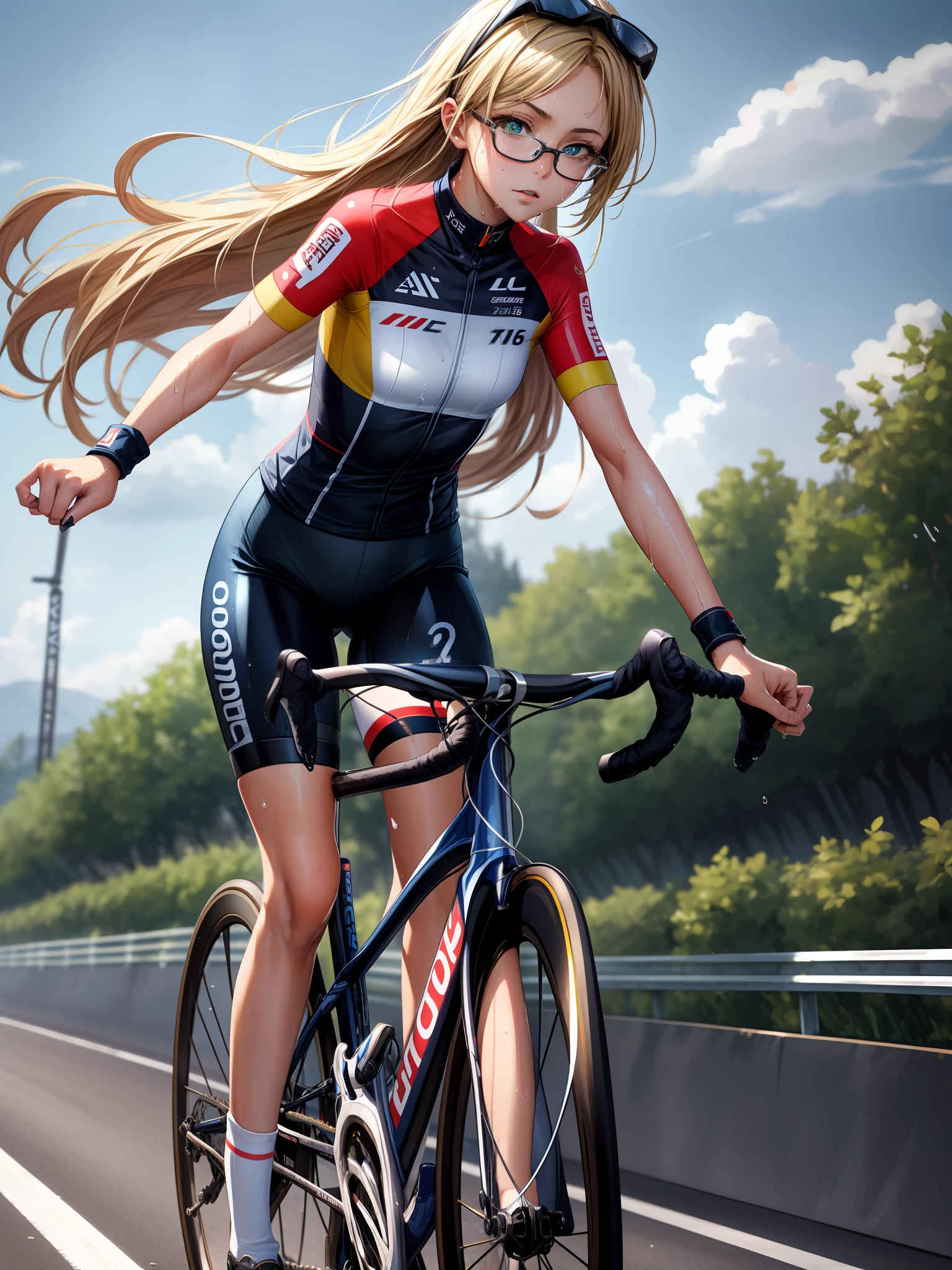 ,((masutepiece)),((High resolution)), Dramatic Lighting, Sharp Focus, 16k UHD,
Ultra-realistic illustrations,1beautiful girl,road bicycle race uniform,bicycle racebz、age girl,symmetrical large eyes,small head,long hair,glasses,Slim body,wet skins sweat,nice legs,road bicycle race venue,Solo,