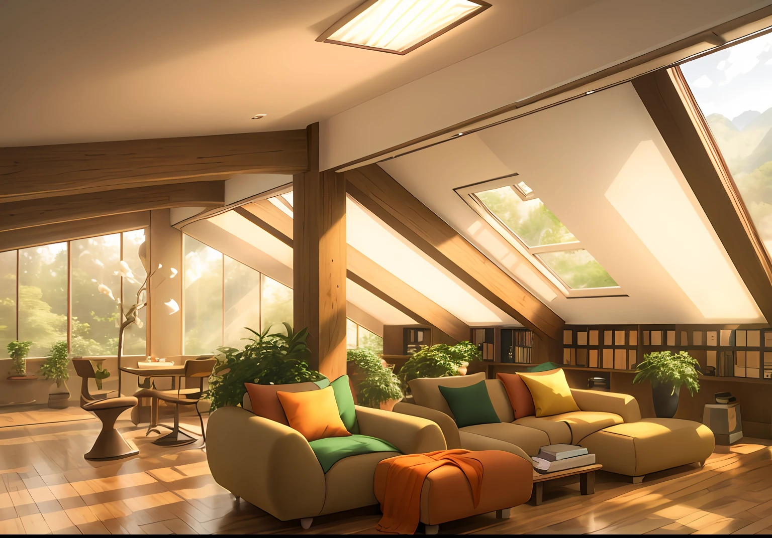 ultra hd photo, Spacious and bright loft interior, Large floor-to-ceiling glass,Sunlight pours in through the windows, Reflects the warm atmosphere of the tea room. There are many bookcases on the wooden floor, There are several green bamboo trees growing outside the window, Orange chairs and flowers on tables dot the space, White clean wall, Children sit in chairs and read quietly.
