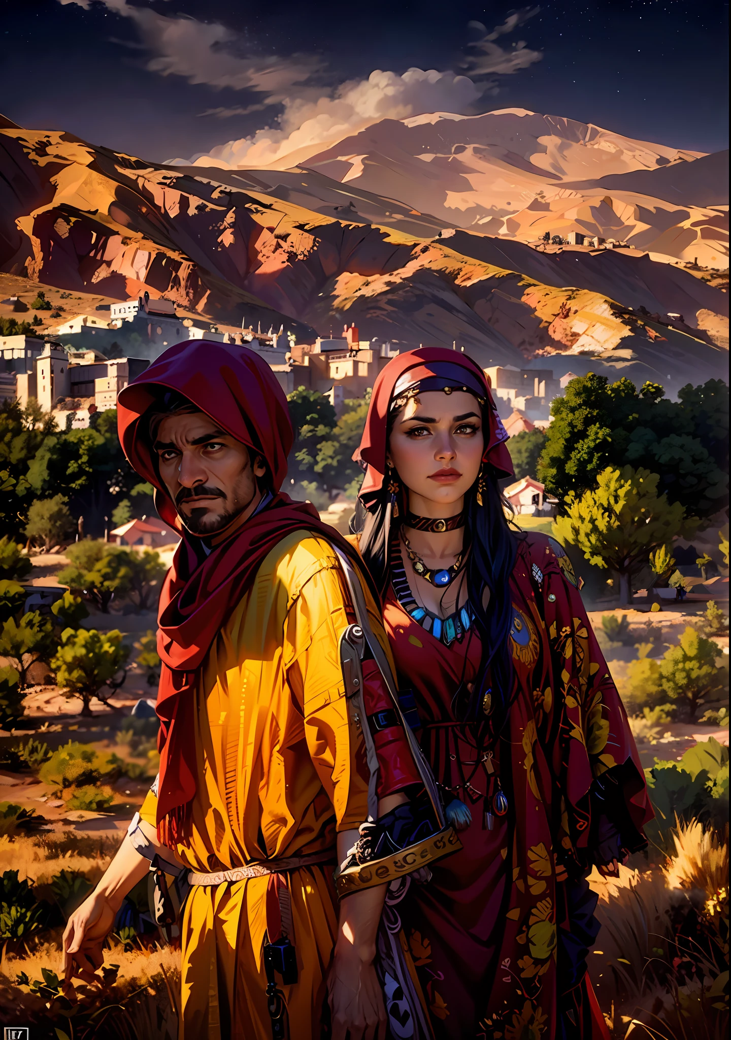 (Best Quality, Masterpiece), A cinematic movie poster for a historical film, cinematic, fade, Arabic couple, showcasing their Berber heritage, standing in the mesmerizing expanse of the desert. Their captivating gaze and powerful presence bring alive a cinematic atmosphere under the enchanting night sky, cinematic fade, mist, night sky, look at the viewer,