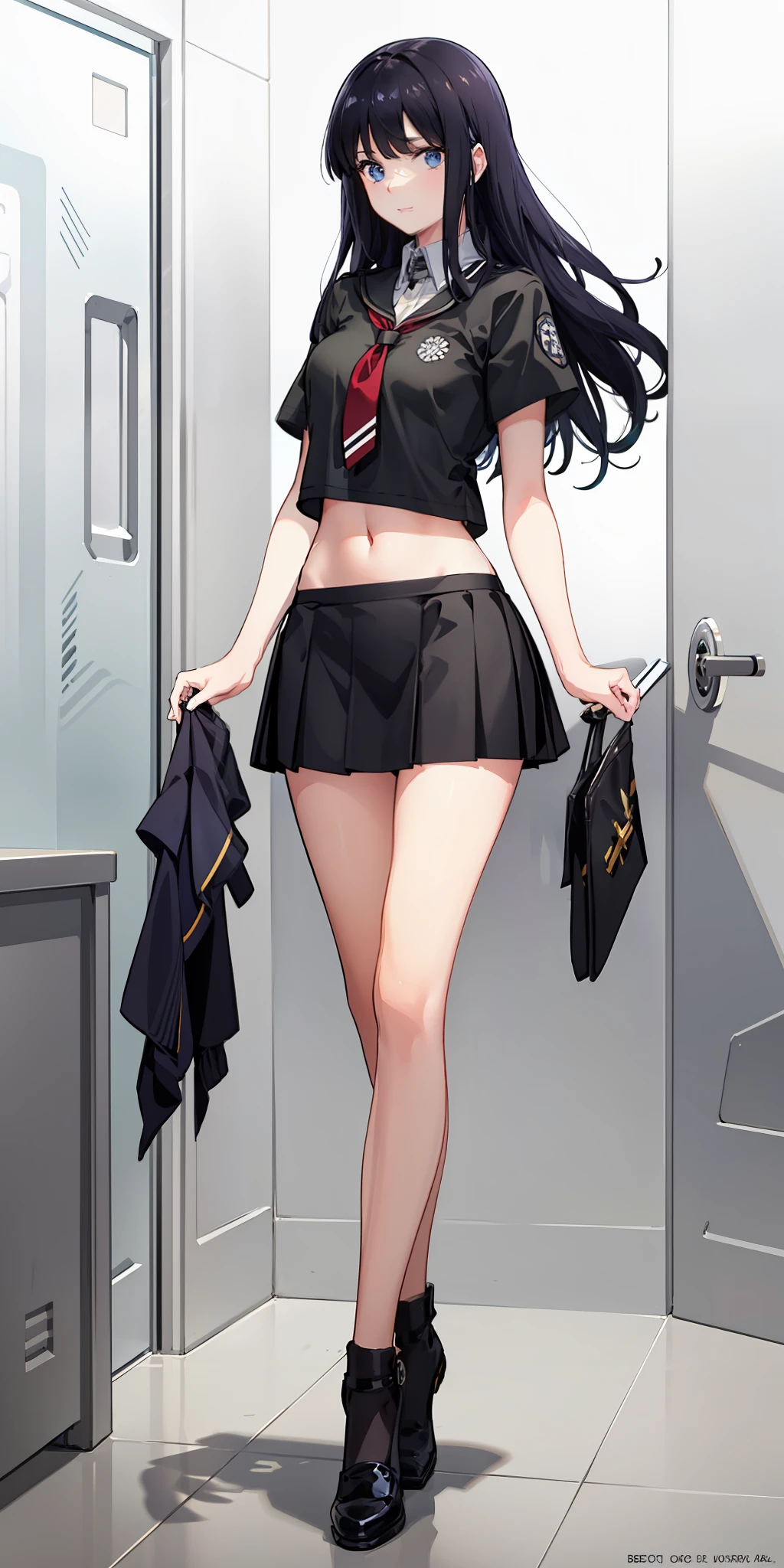 masterpiece, best quality, ultra-detailed, illustration,1girl,
long hair, black hair, 
medium breast, skirt, slim legs, navel, nervous,  school uniform