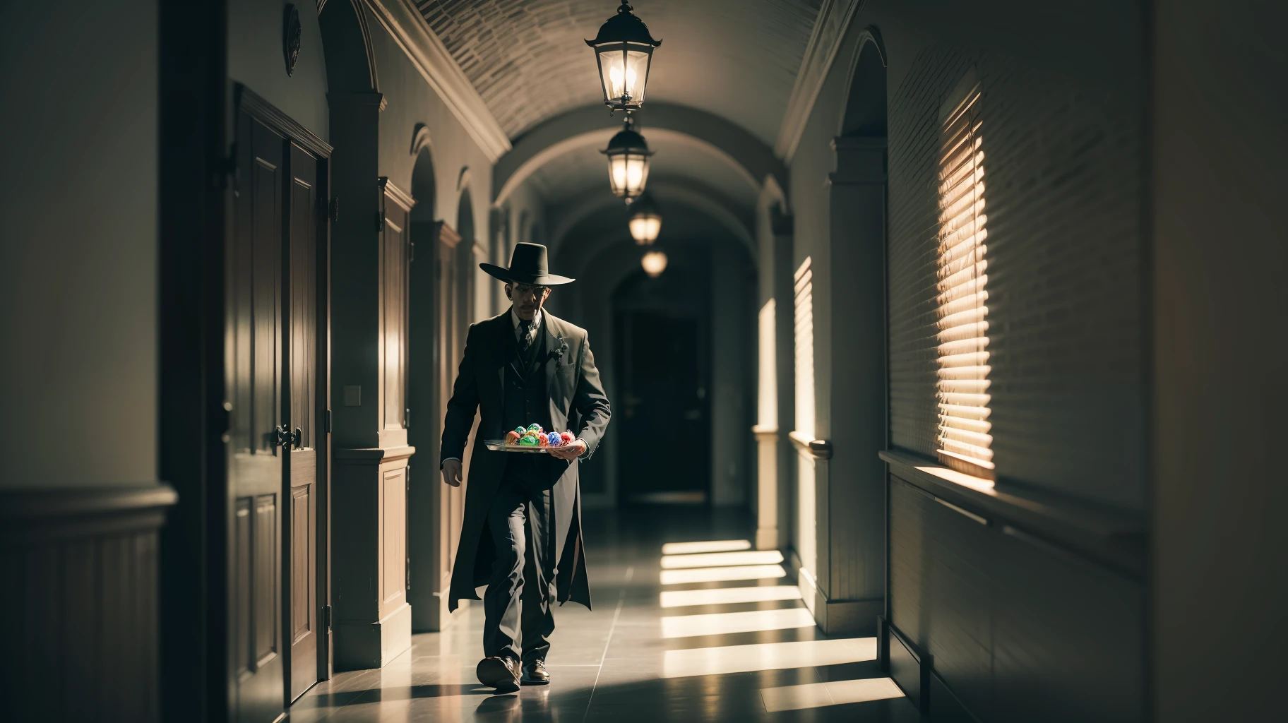 A spooky man holding tray of candy, in a dark hallway.