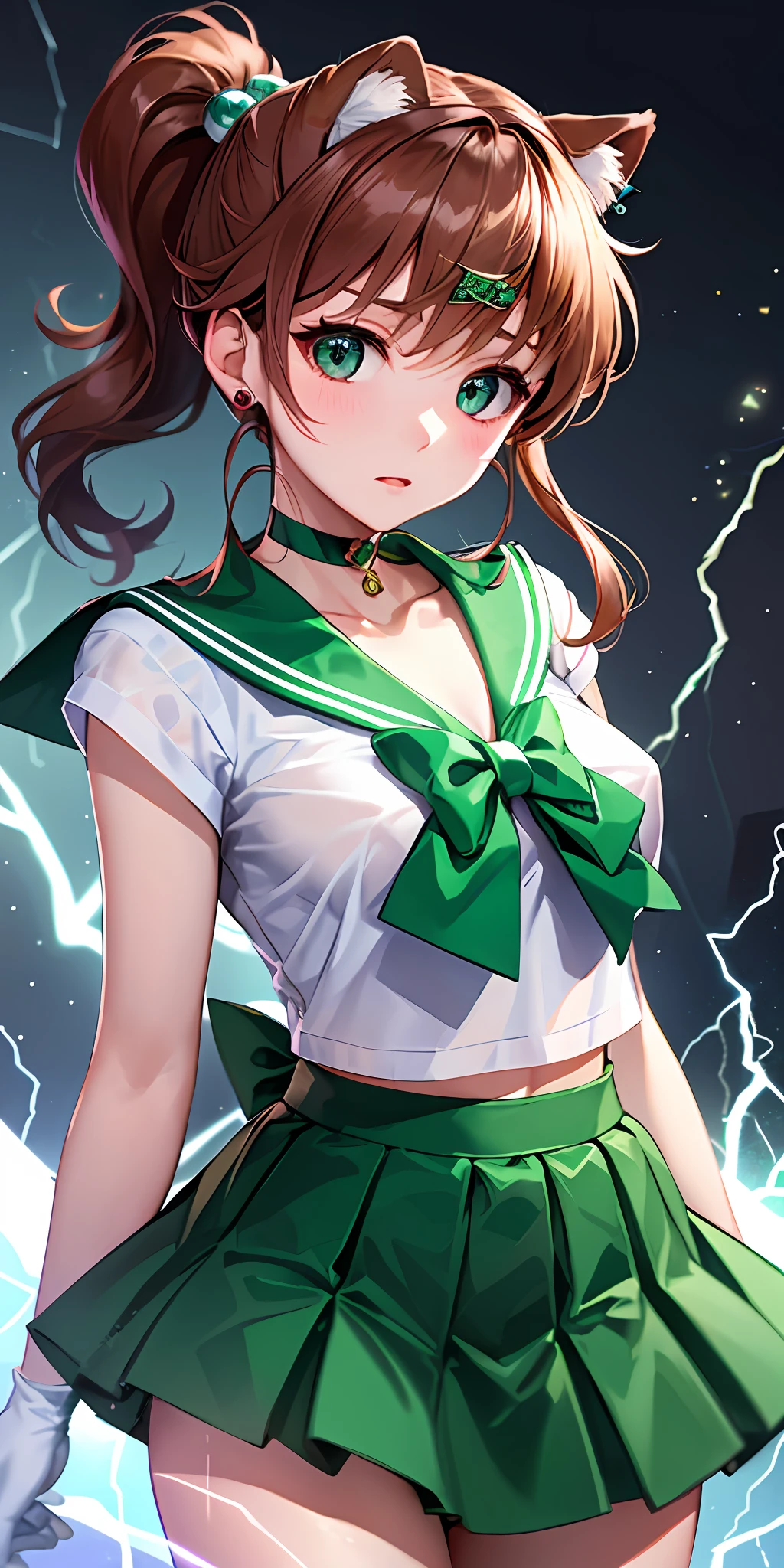 tmasterpiece， best qualtiy， A high resolution， Jupiter 1， 1 rapariga， 独奏， low angles， Sailor senshi uniform， the sailor jupiter， Makoto Kino， red brown hair， magical little girl， Green eyes， white  panties， Green skirt， gloves on the elbow， head gear， pleatedskirt， Green sailor color， mini-skirts， choker necklace， Lightning background， green choker， whitegloves， pony tails， jewely， 耳Nipple Ring， dynamicposes， bedroom background， The expression of 2.0，8K