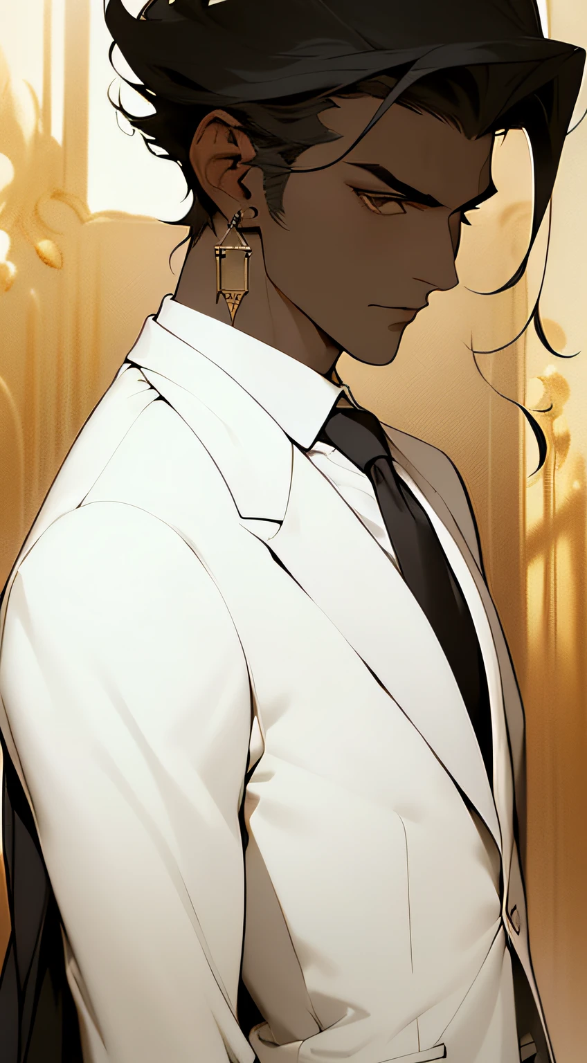 ((Masterpiece, Superb Business Negotiation Aesthetics)), 1 male solo, close-up, (Determined eyes), (Black blazer, white shirt, tie, trousers), (Long black hair), (Formal wear), Mature man, (Clear facial features, detailed skin texture, handsome face), white background, earrings, yellow skin, standing, (Masterpiece, top quality, best quality), (((flat color))),