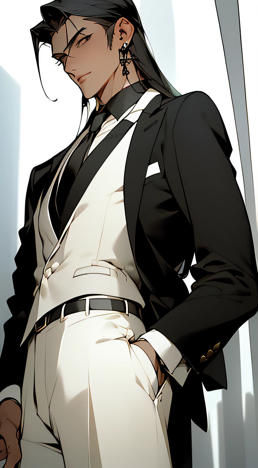 ((Masterpiece, Superb Business Negotiation Aesthetics)), 1 male solo, close-up, (Determined eyes), (Black blazer, white shirt, tie, trousers), (Long black hair), (Formal wear), Mature man, (Clear facial features, detailed skin texture, handsome face), white background, earrings, yellow skin, standing, (Masterpiece, top quality, best quality), (((flat color))),