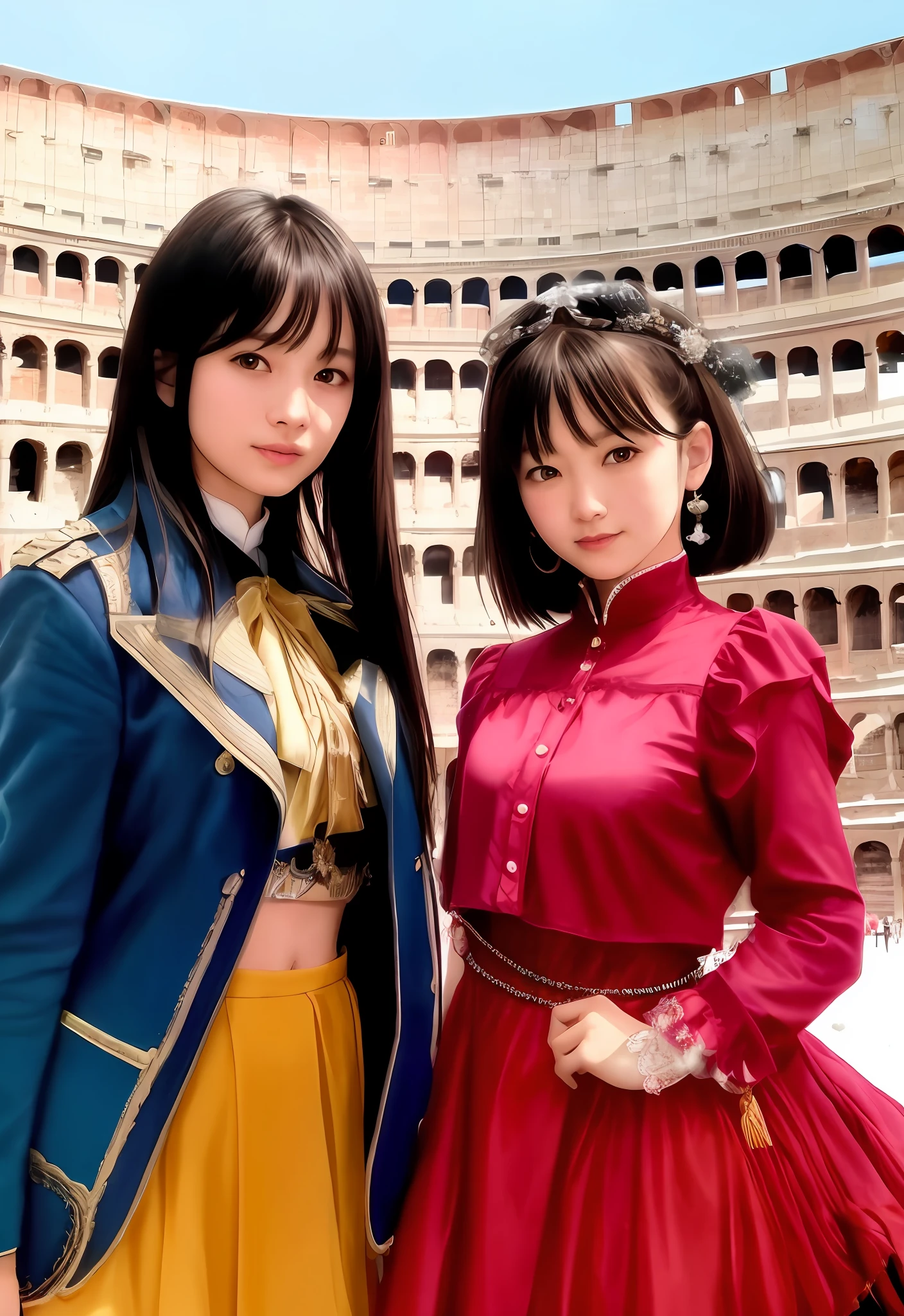 (Positive focus),2girls,duo,navel,(At the Colosseum,crowd,winter,Snowy),Surrealistic Female Portraits by David Hockney and Alphonse Mucha,Fantasy art,photograph realistic,Dynamic lighting,art stations,poster for,Volumetriclighting,Very detailed faces,4K,Award-Awarded,Fantastic costumes,Deep shadows,low tune,cowboy lens, (official outfit:1.4), looking at the camera in, Half-body shot,((Realistic face))),