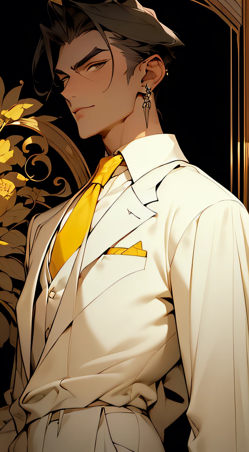 ((Masterpiece, Superb Business Negotiation Aesthetics)), 1 male solo, close-up, (Determined eyes), (Black blazer, white shirt, tie, trousers), (Long black hair), (Formal wear), Mature man, (Clear facial features, detailed skin texture, handsome face), white background, earrings, yellow skin, standing, (Masterpiece, top quality, best quality), (((flat color))),