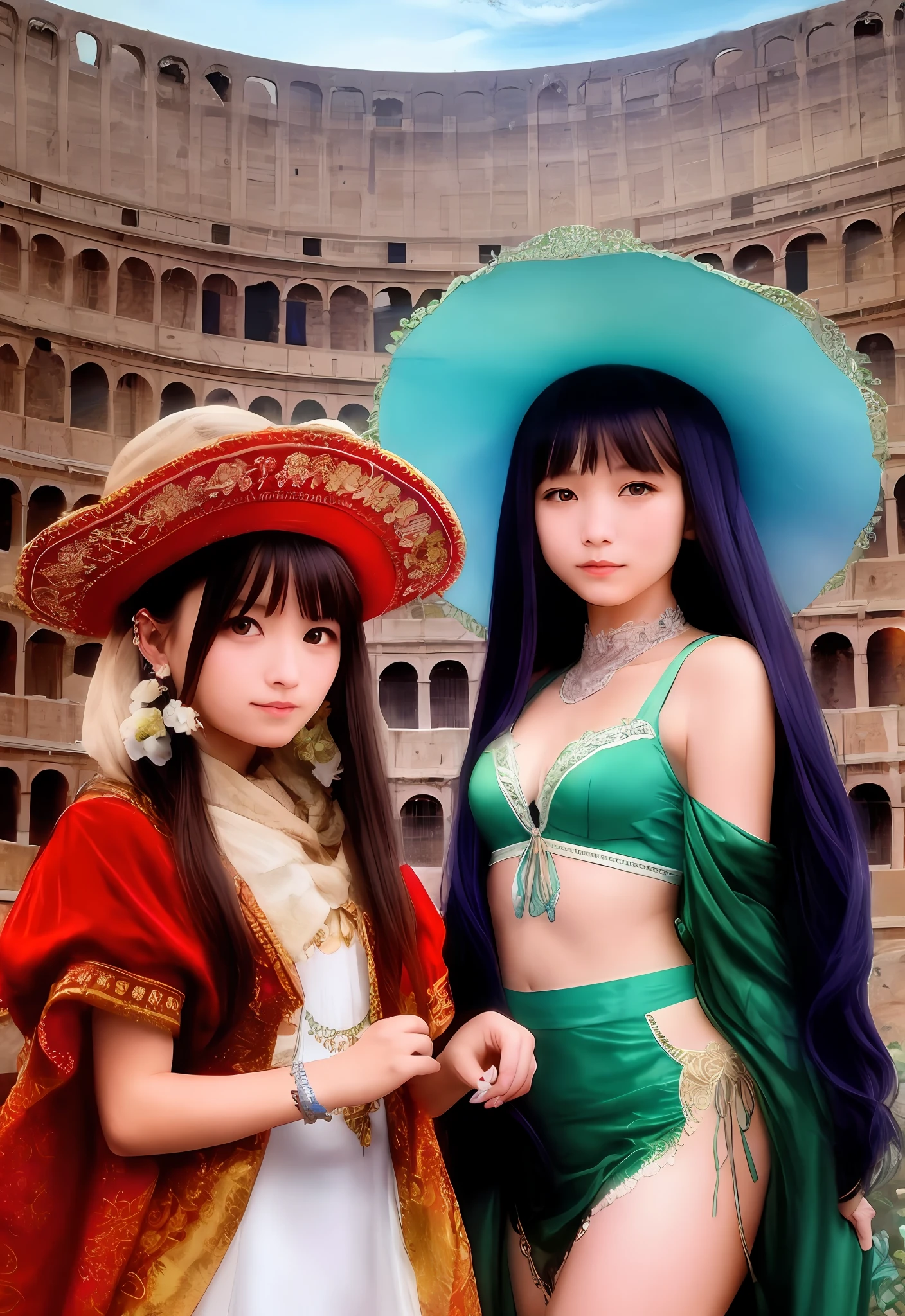 (Positive focus),2girls,duo,navel,(At the Colosseum,crowd,winter,Snowy),Surrealistic Female Portraits by David Hockney and Alphonse Mucha,Fantasy art,photograph realistic,Dynamic lighting,art stations,poster for,Volumetriclighting,Very detailed faces,4K,Award-Awarded,Fantastic costumes,Deep shadows,low tune,cowboy lens, (official outfit:1.4), looking at the camera in, Half-body shot,((Realistic face))),