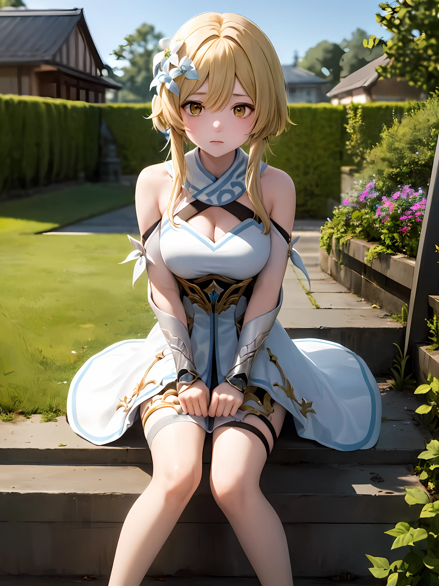 Luminedef, full bodyesbian, solo person,glomy,Be red in the face, exteriors, daysies, simple backgound, blue-sky, short detailed hair, Skysky, Temple, looking at viewert, sit on stairs, mont, Moody light,
