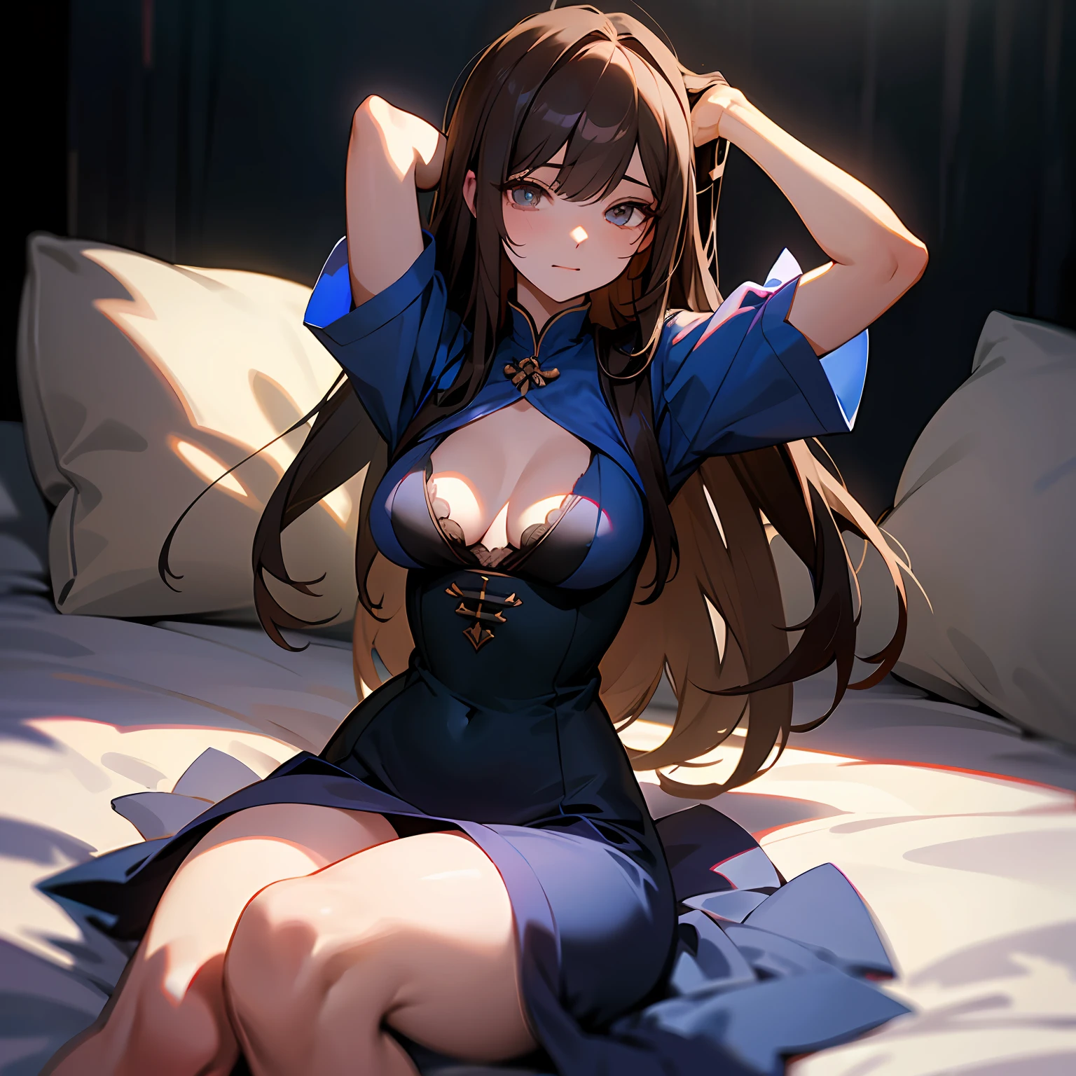 （（realistic illumination，top Quority，8K，tmasterpiece：1.3）），Clear focus：1.2，1个Giant Breast Girl，Perfect beauty：1.4，Slim abs：1.1，（（long and dark brown hair，The large：1.2）），（Torn dress：1.3，Black Full Leg Stockings：1.2，Mesh white panties），（exteriors，during night：1.1），delicated face，二重まぶた，Put your hands on your head，（whole body lying in bed： 1.2），facing at the camera，Raise your legs high，legs are open，high high quality，tmasterpiece，超高分辨率，（realisticlying：1.4），RAW photogr，1girll，darkly，deep shading，cold light，spread their legs，Place your arms behind your head，Lift the blue dress，Pink transparent underwear --auto