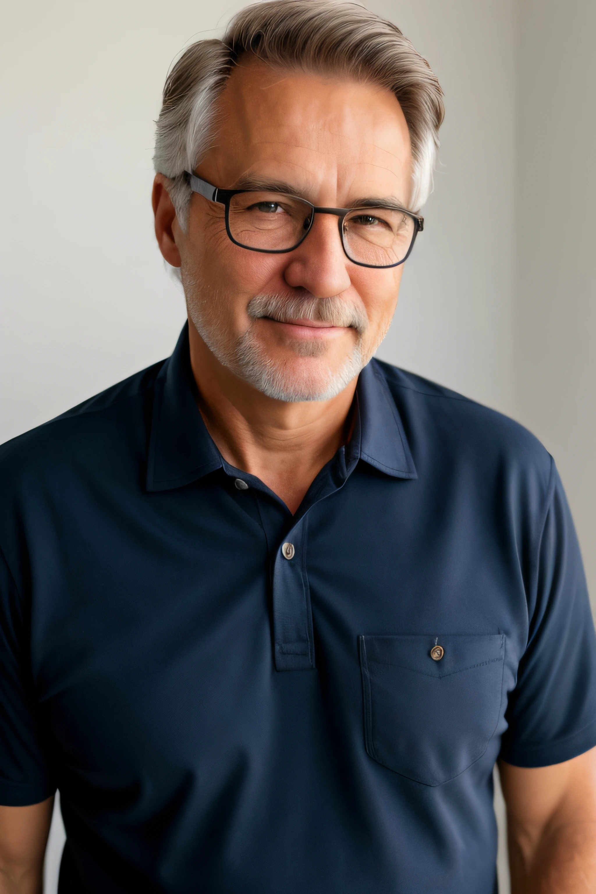 "High-quality RAW photo: Portrait of a friendly 55-year-old Caucasian man wearing a dark blue shirt and glasses. He is standing against a plain white, showcasing natural skin tones. Shot in 8K UHD resolution with film grain aesthetics, resembling Fujifilm XT3."