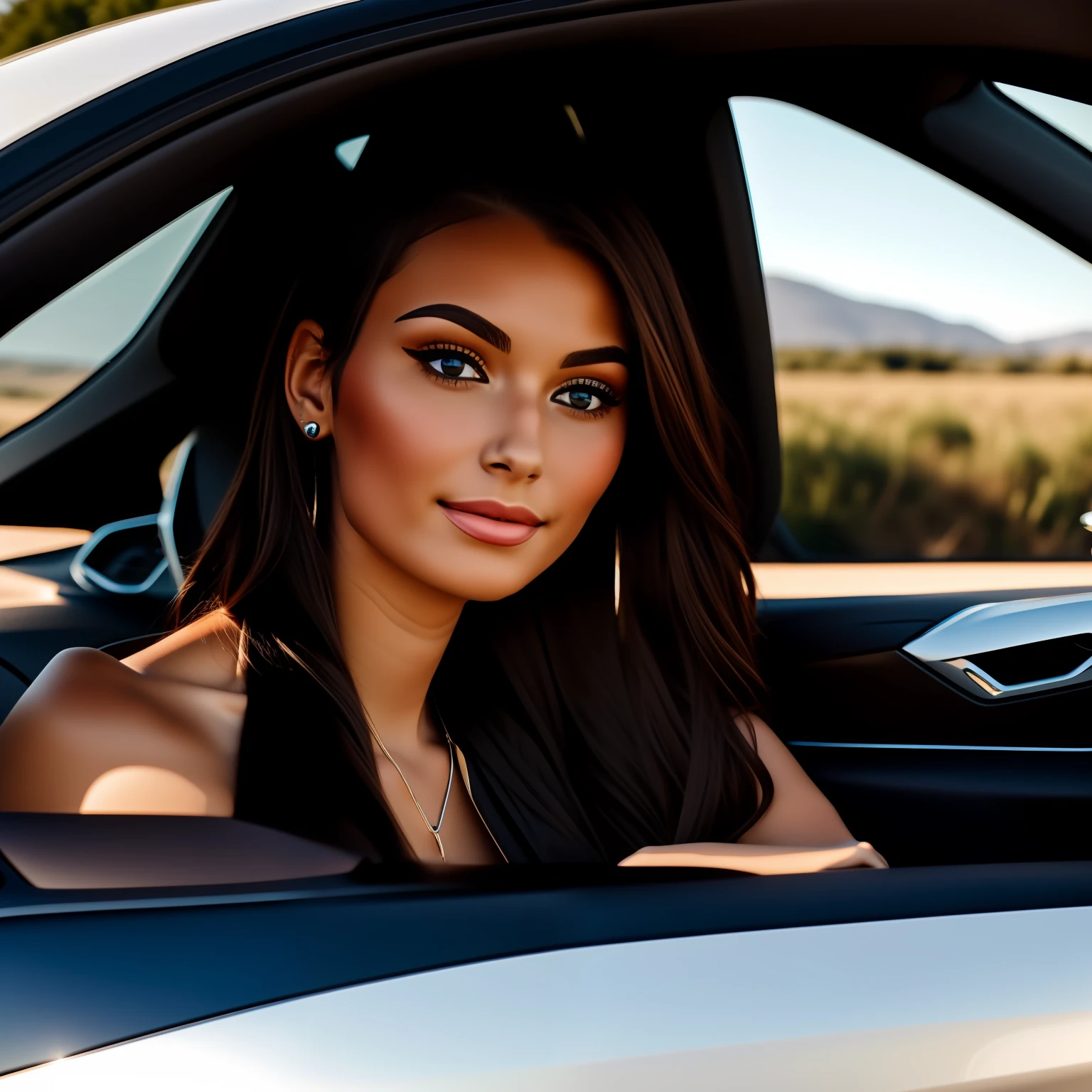 Stunning 18-year-old brunette confidently driving a sleek BMW car