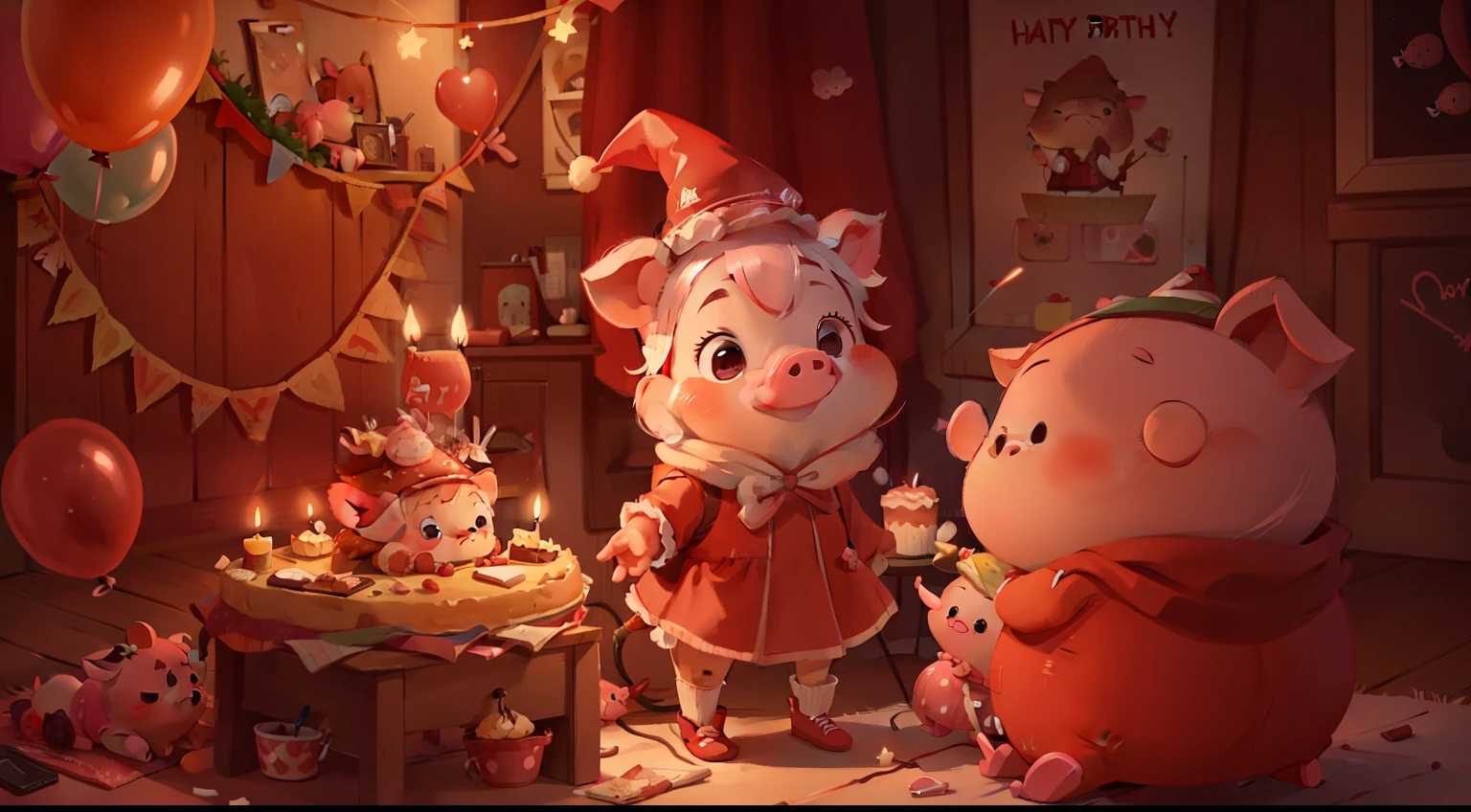 k hd，detail-rich，Cute little piglet dressed in red and red hat，There was a birthday cake in the room，There are candles and balloons on it，At night，The room was lit with warm lights