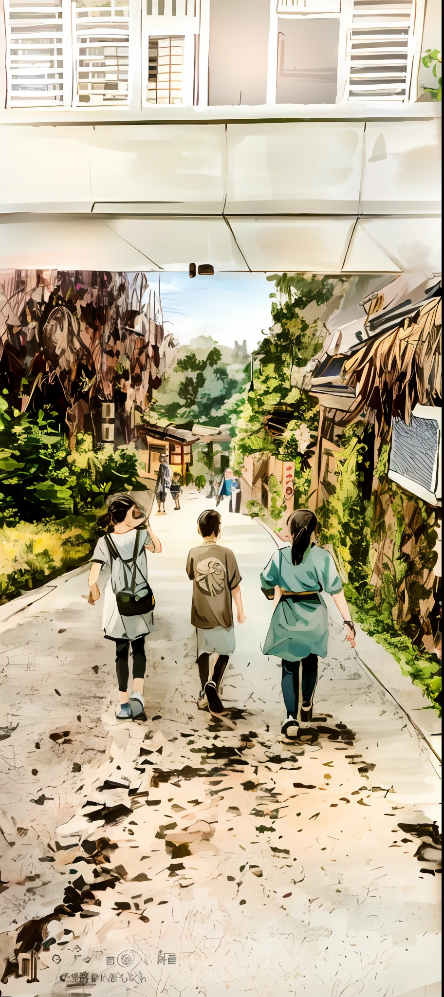 Three children walking on a small road,In the background is a bridge, walking at the garden, Mother and daughter son, People walking around, , kid, walking through a suburb, near a stone gate, Hangzhou, travelers walking the streets, ancient city streets behind her