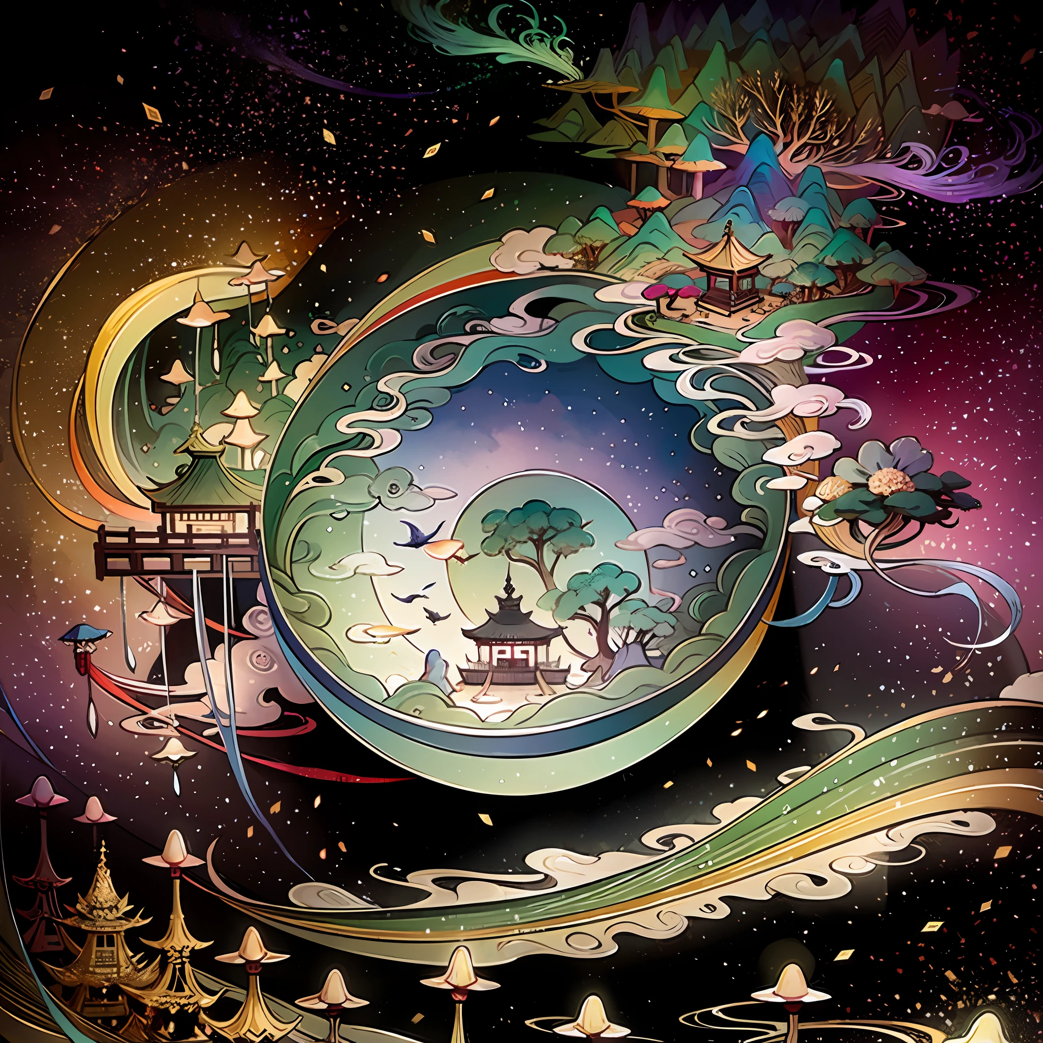 An ancient Chinese painting, ancient Chinese background, mountains, rivers, auspicious clouds, pavilions, sunshine,(psychedelic details),(mushrooms),(rainbow),(trippy),(DMT),(Buddha),intricate details, more details, high details,masterpieces, super detail, epic composition, ultra HD, high quality, extremely detailed, official art, unified 8k wallpaper, Super detail, 32k -- v 6