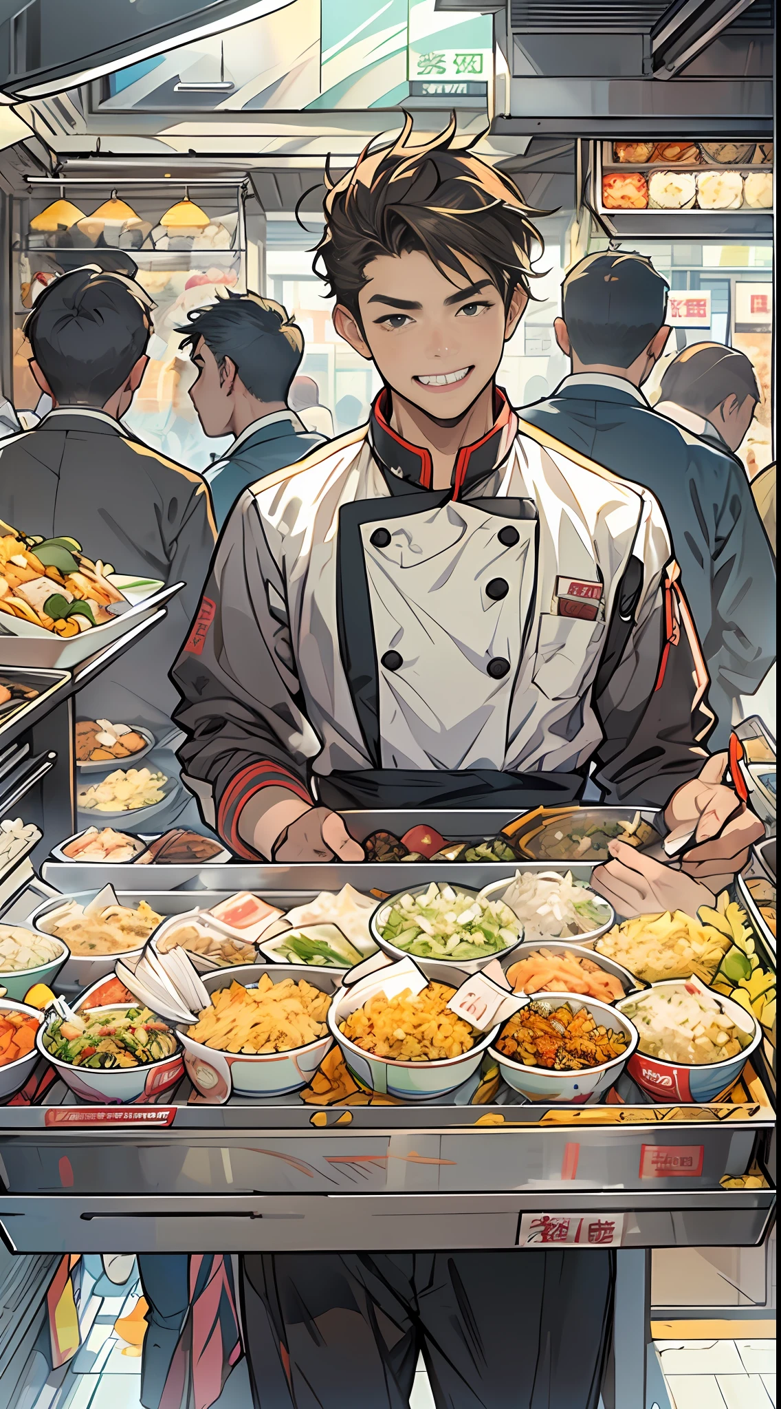 A young and promising male chef stands in front of a snack cart,His face was filled with confidence and determination。The snack cart is decorated with brightly colored signs,It is filled with all kinds of delicacies,Surrounded by bustling crowds,All were attracted by the fried rice in his hand。