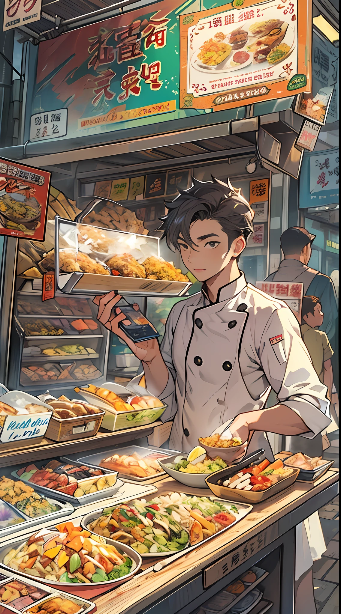 A young and promising male chef stands in front of a snack cart,His face was filled with confidence and determination。The snack cart is decorated with brightly colored signs,It is filled with all kinds of delicacies,Surrounded by bustling crowds,All were attracted by the fried rice in his hand。
