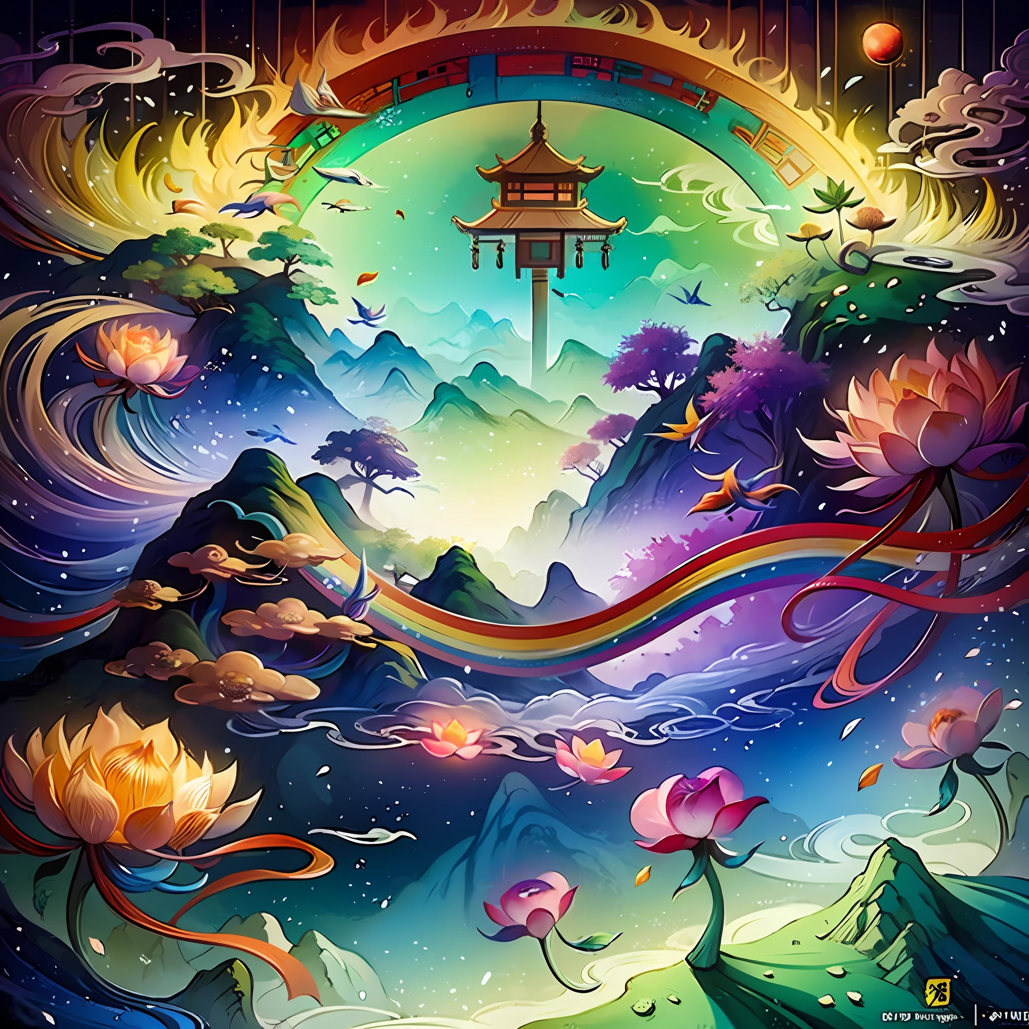 An ancient Chinese painting, ancient Chinese background, mountains, rivers, auspicious clouds, pavilions, sunshine,(psychedelic details),(mushrooms),lotus,(rainbow),(trippy),(DMT),intricate details, more details, high details,masterpieces, super detail, epic composition, ultra HD, high quality, extremely detailed, official art, unified 8k wallpaper,(show full objects ),Super detail, 32k -- v 1.7