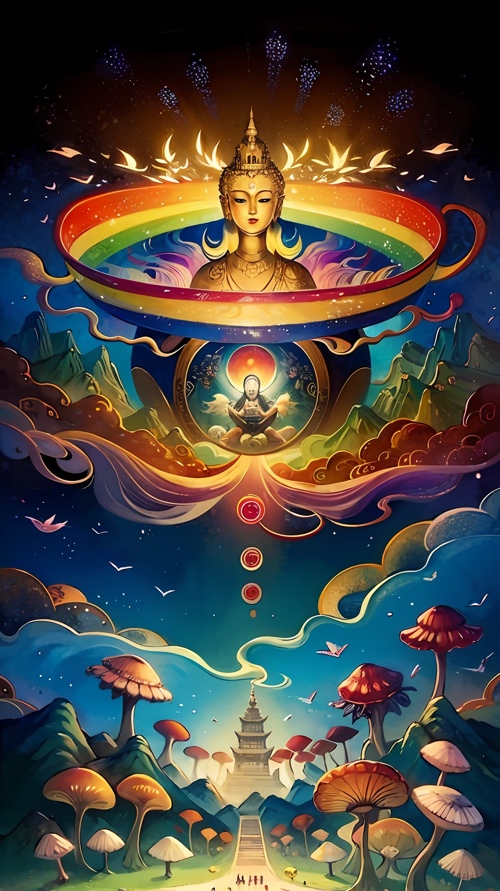 An ancient Chinese painting, ancient Chinese background, mountains, rivers, auspicious clouds, pavilions, sunshine,(psychedelic details),(mushrooms),(rainbow),(trippy),(DMT),(Buddha),intricate details, more details, high details,masterpieces, super detail, epic composition, ultra HD, high quality, extremely detailed, official art, unified 8k wallpaper, Super detail, 32k -- v 6