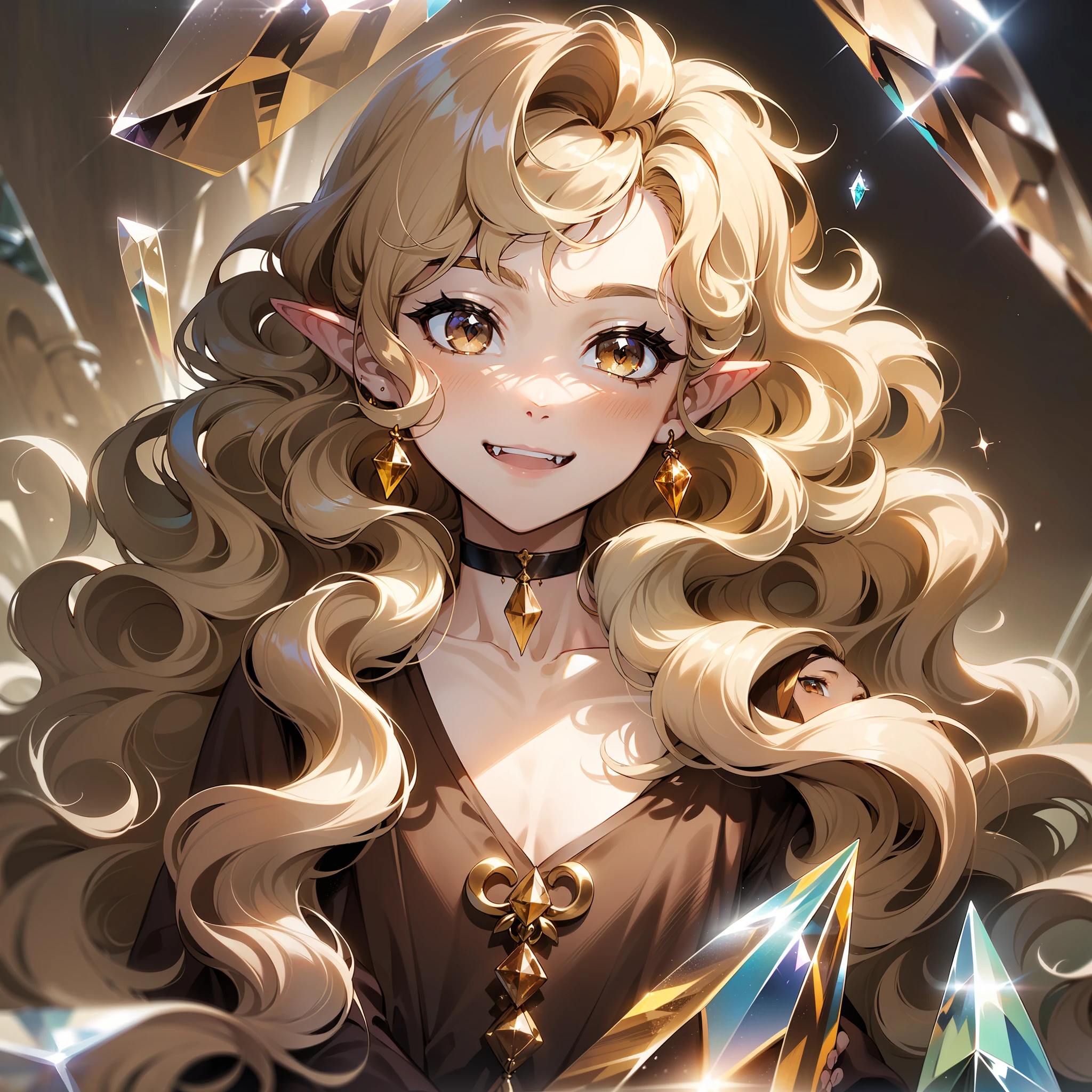 ((young man)), (((one person))), (((single))), (((solo))), (slim body), (((flat chest))), ((pale skin)), (((light blonde hair))), ((pointy ears)), (((very poofy hair))), ((very fluffy hair)), (((wavy hair))), (((very long hair))), ((full hair)), (((dark brown colored eyes))), (((dark brown eyes))), cute face, ((fantasy style)), (((brown choker))), (brown colored choker), (((male))), guy, boy, (((wearing fantasy style clothes))), (((patterns on the clothes))), magic, (((brown colored clothes))), (((brown clothes))), embroidery on clothes, ((white crystal gemstone on the choker)), smiling, fangs, holding a tiny white gemstone