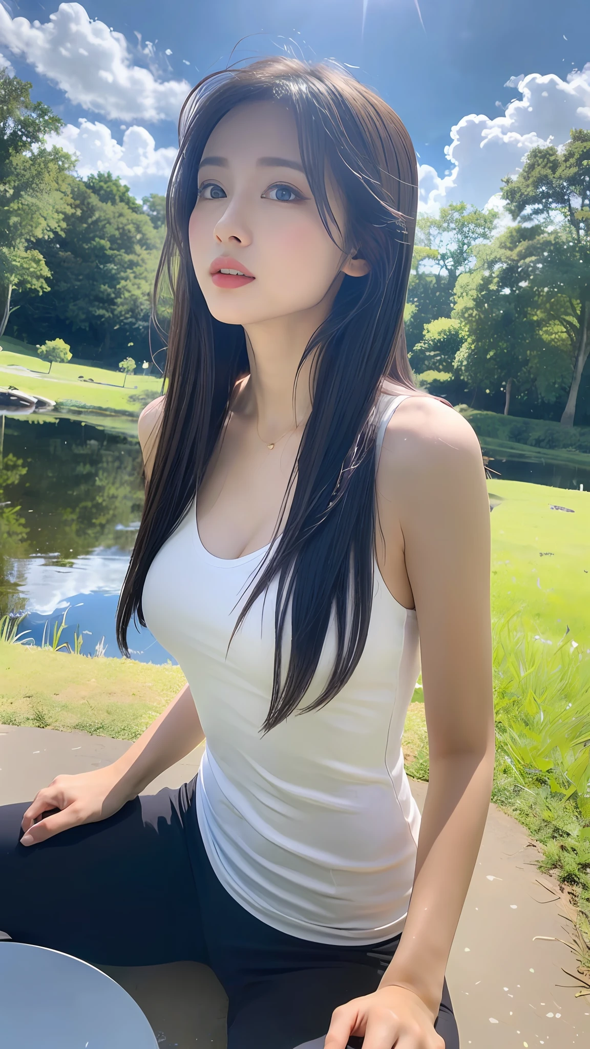 ((Best Quality, 8K, Masterpiece:1.3)), a beautiful girl, pure, melon face, gentle and cute, thin figure, (frontal), (tilted head), looking directly into the camera, [detached sleeves::0], [collared shirt::0], [capri pants::0], black silky long straight hair, long hair flowing over the shoulders, round black big eyes, clear big eyes, moist red lips, sweet, sitting by the pond, blue sky and white clouds, sunshine ,, idyllic background