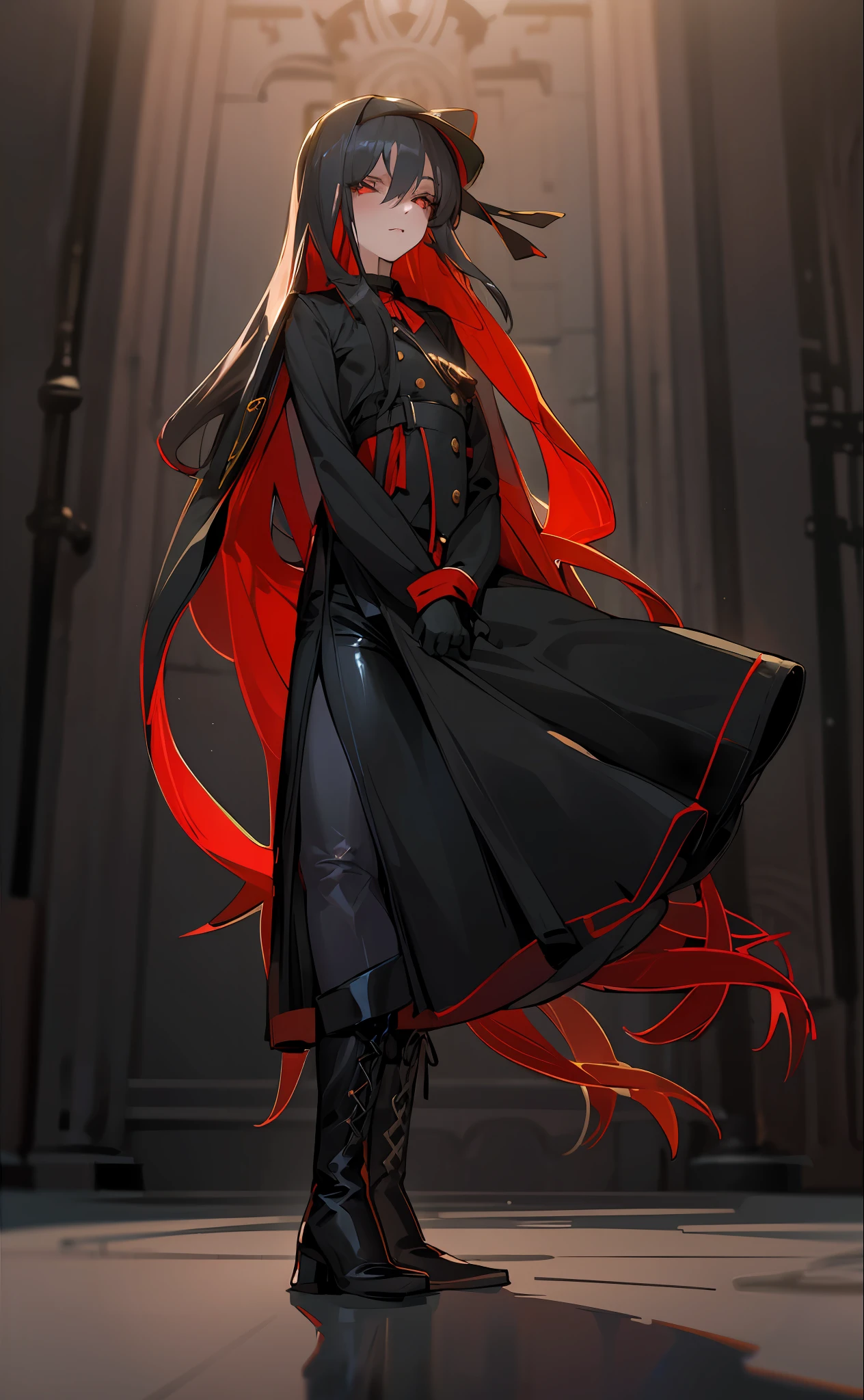 Mature female, standing, full body, authority, leather outfit, dominant, (muscular:0.75), long sleeves, black gloves, double-breasted, (black knee-high boots:1.4), (black pants:1.2), slim, devious, seductive, evil, confident, harness, belt, red cape, standing, dungeon, bedroom, dominatrix, queen, leash, from below